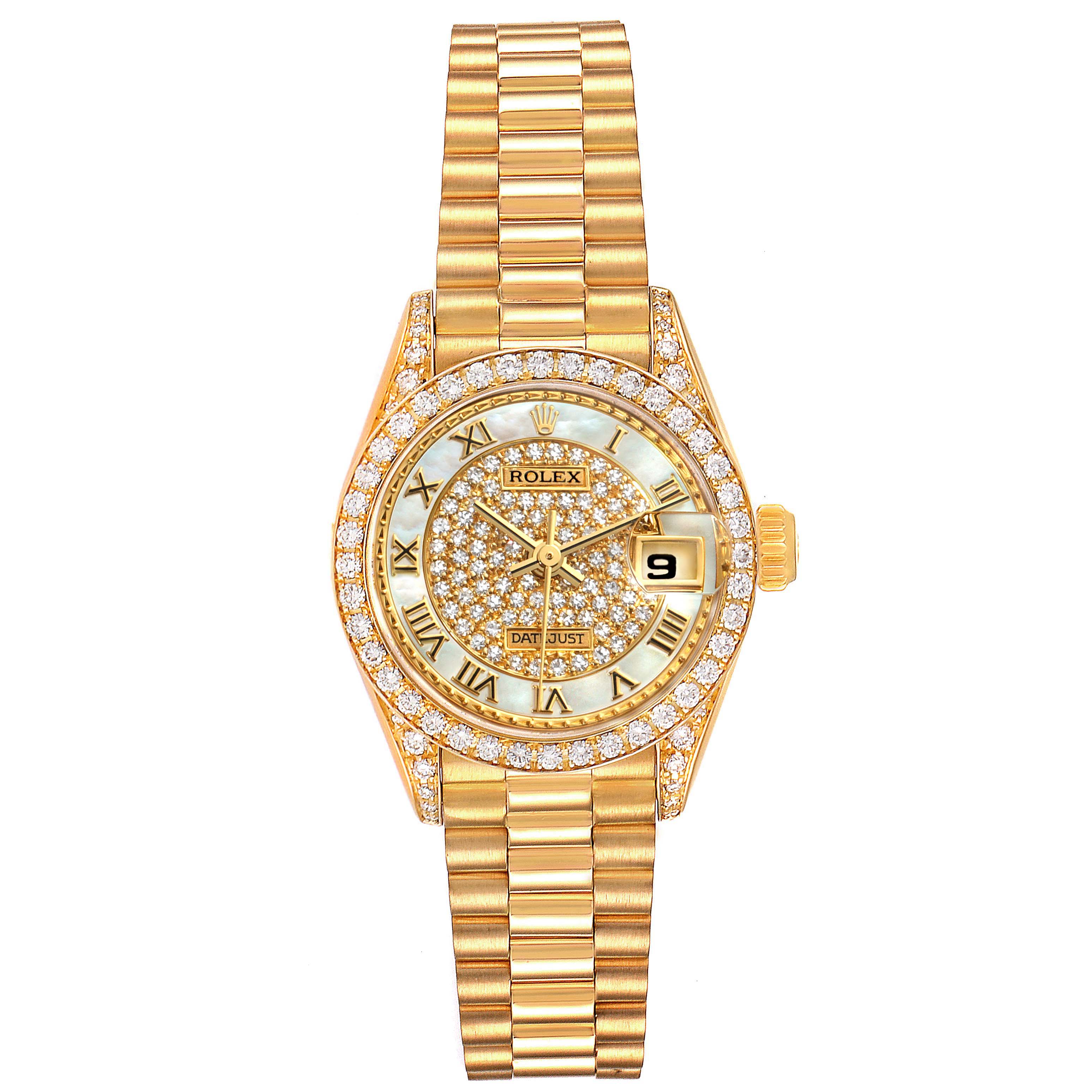 The Rolex President 69158 Women's Yellow Gold Mother of Pearl Dial 69158 Women's Yellow Gold Mother of Pearl Dial model watch is shown from a top view, displaying its gold body, diamond bezel, and bracelet.
