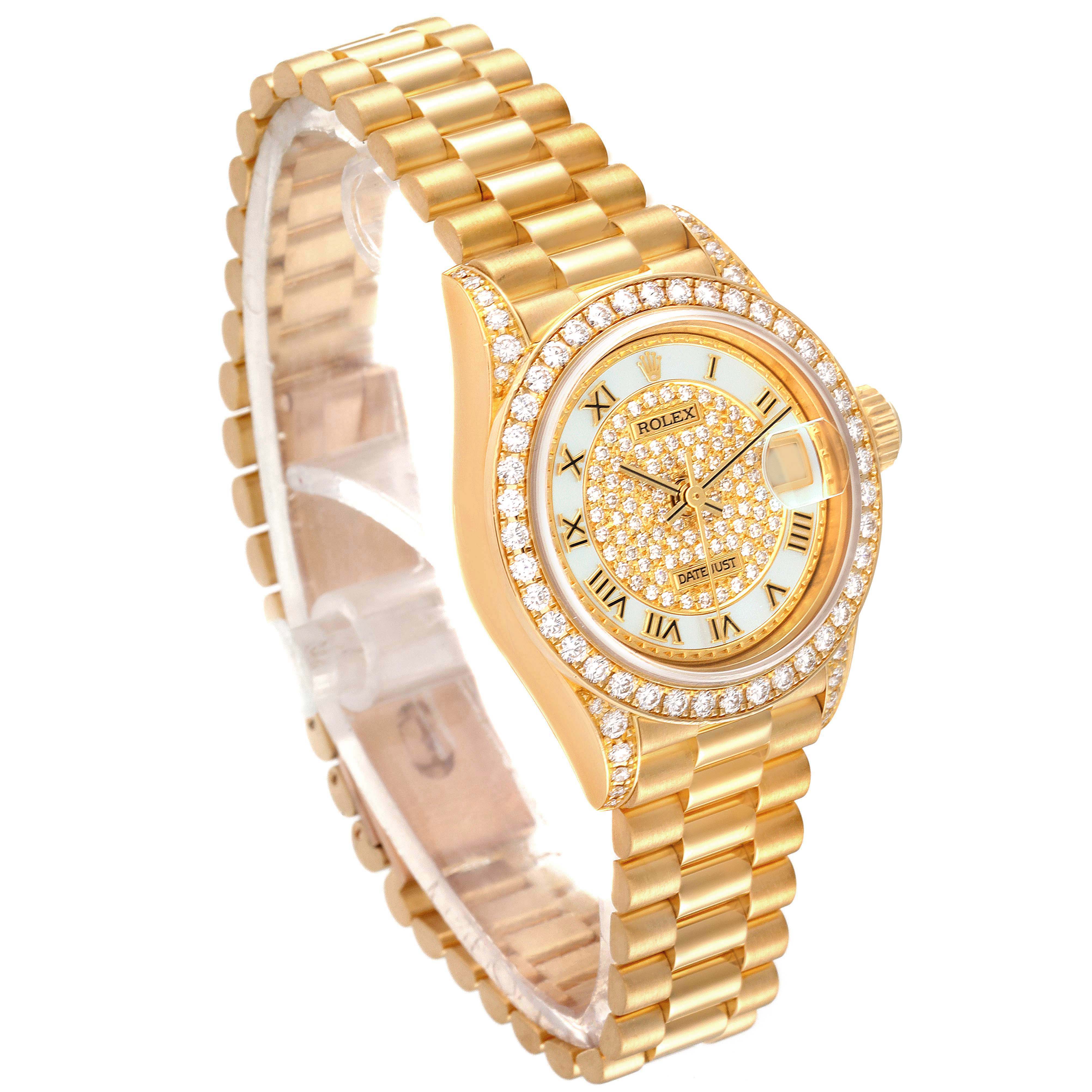 The Rolex President 69158 Women's Yellow Gold Mother of Pearl Dial 69158 Women's Yellow Gold Mother of Pearl Dial model watch is shown at a three-quarter angle, highlighting the band, bezel, and face.