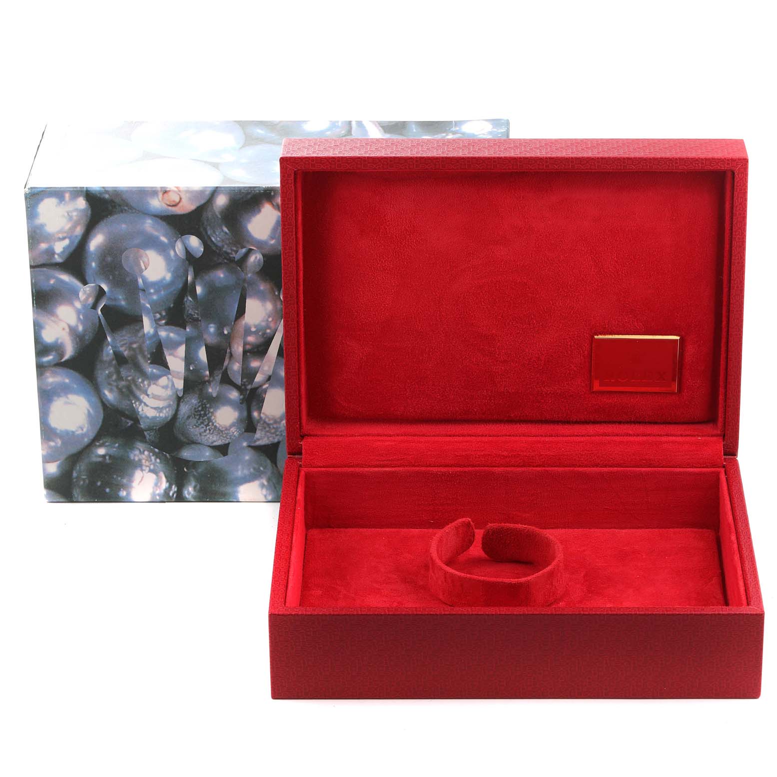 The image shows an open red box for a Rolex President 69158 Women's Yellow Gold Mother of Pearl Dial 69158 Women's Yellow Gold Mother of Pearl Dial model watch, with visible padding inside and the Rolex logo on the lid.