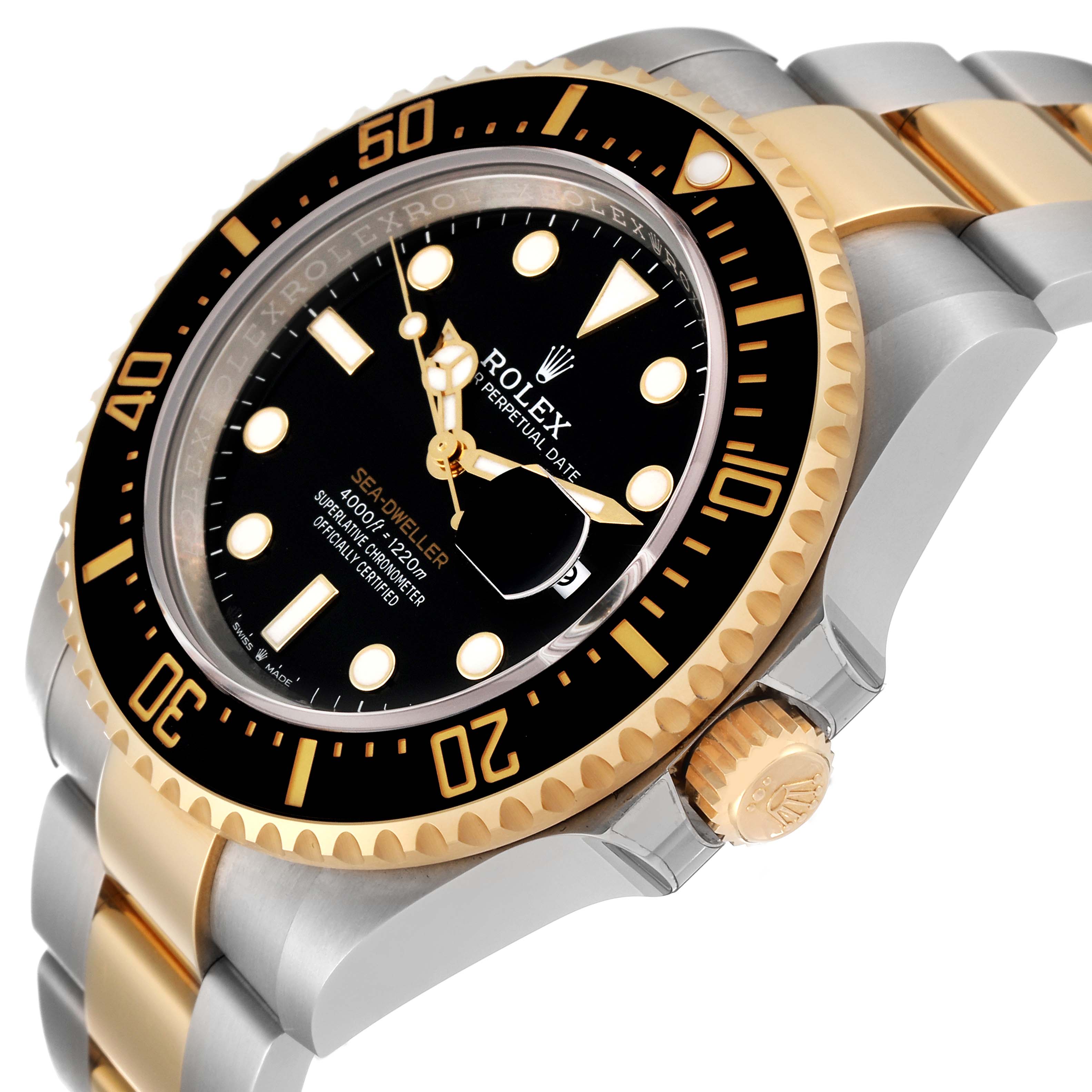 The image shows a side angle of the Rolex Sea-Dweller M126603 Men
s Steel and Gold (two tone) Black Dial M126603 Men
s Steel and Gold (two tone) Black Dial watch, highlighting its face, bezel, crown, and bracelet links.