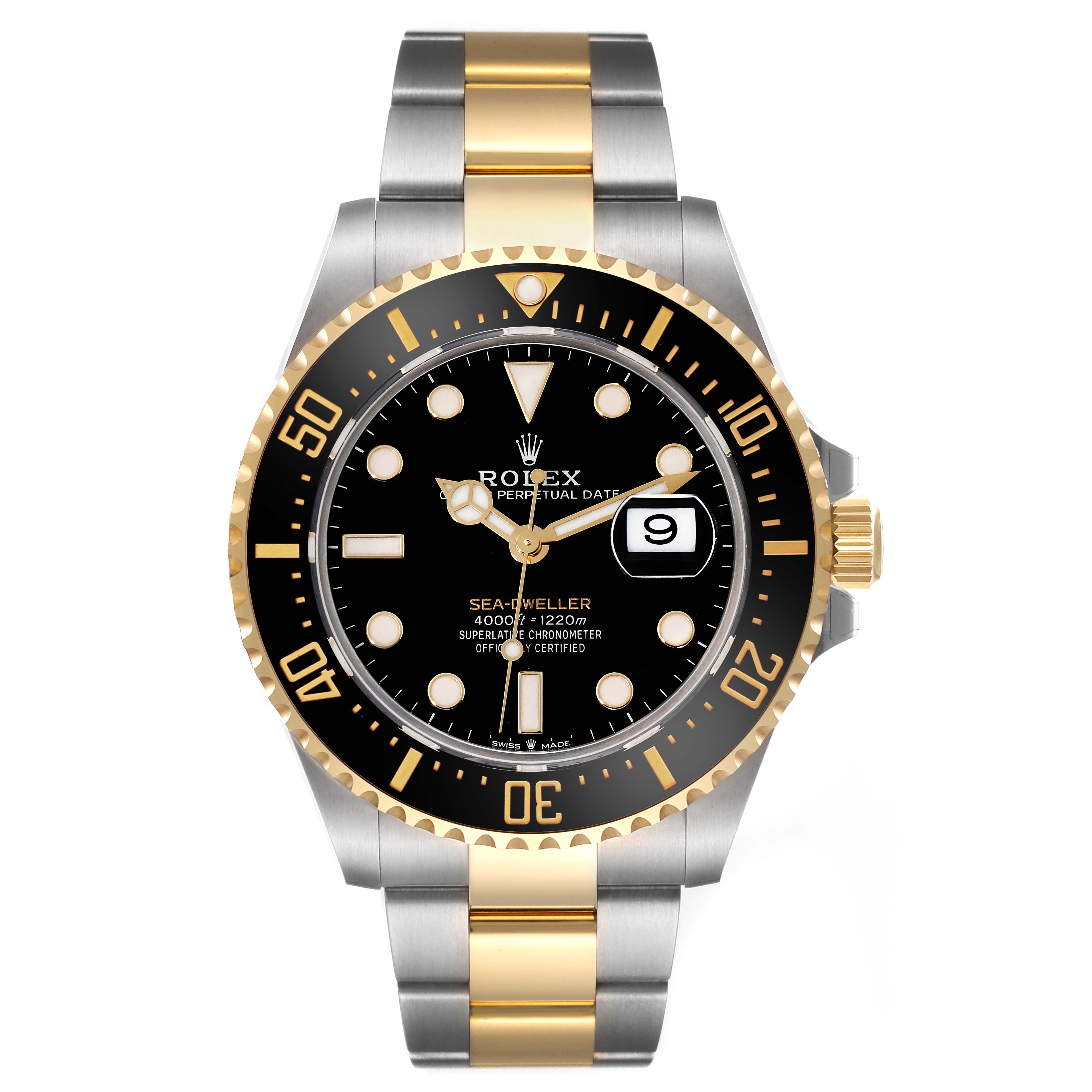 This image shows a front view of a Rolex Sea-Dweller M126603 Men
s Steel and Gold (two tone) Black Dial M126603 Men
s Steel and Gold (two tone) Black Dial watch, featuring a black dial, gold and silver bracelet, and a date display.