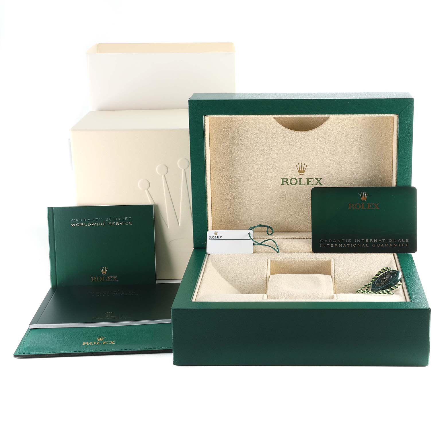 This image shows the Rolex Sea-Dweller M126603 Men
s Steel and Gold (two tone) Black Dial M126603 Men
s Steel and Gold (two tone) Black Dial packaging, including the box, warranty booklet, international guarantee card, and tags.