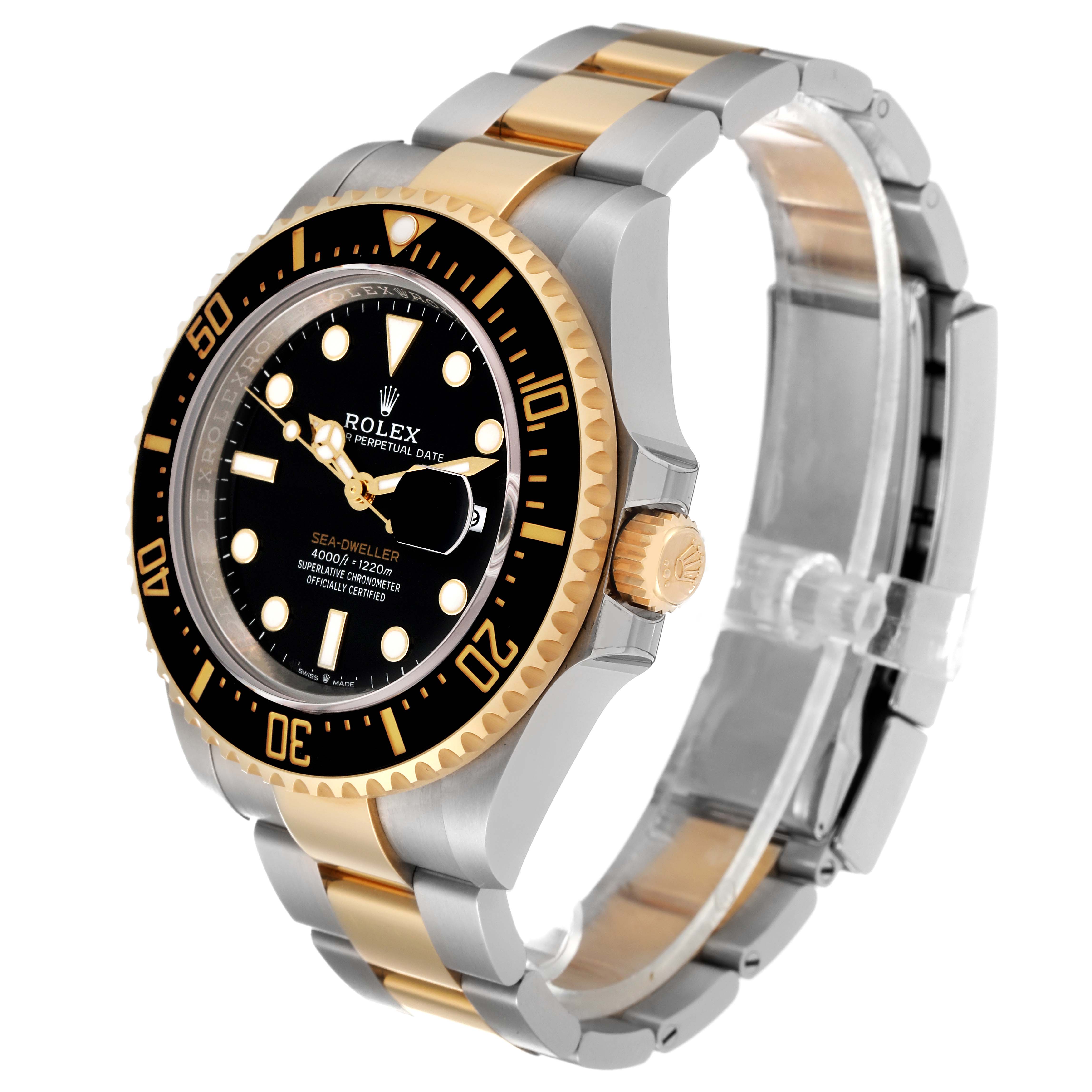 The image shows a Rolex Sea-Dweller M126603 Men
s Steel and Gold (two tone) Black Dial M126603 Men
s Steel and Gold (two tone) Black Dial watch at a three-quarter angle, highlighting its black dial, bezel, and two-tone bracelet.