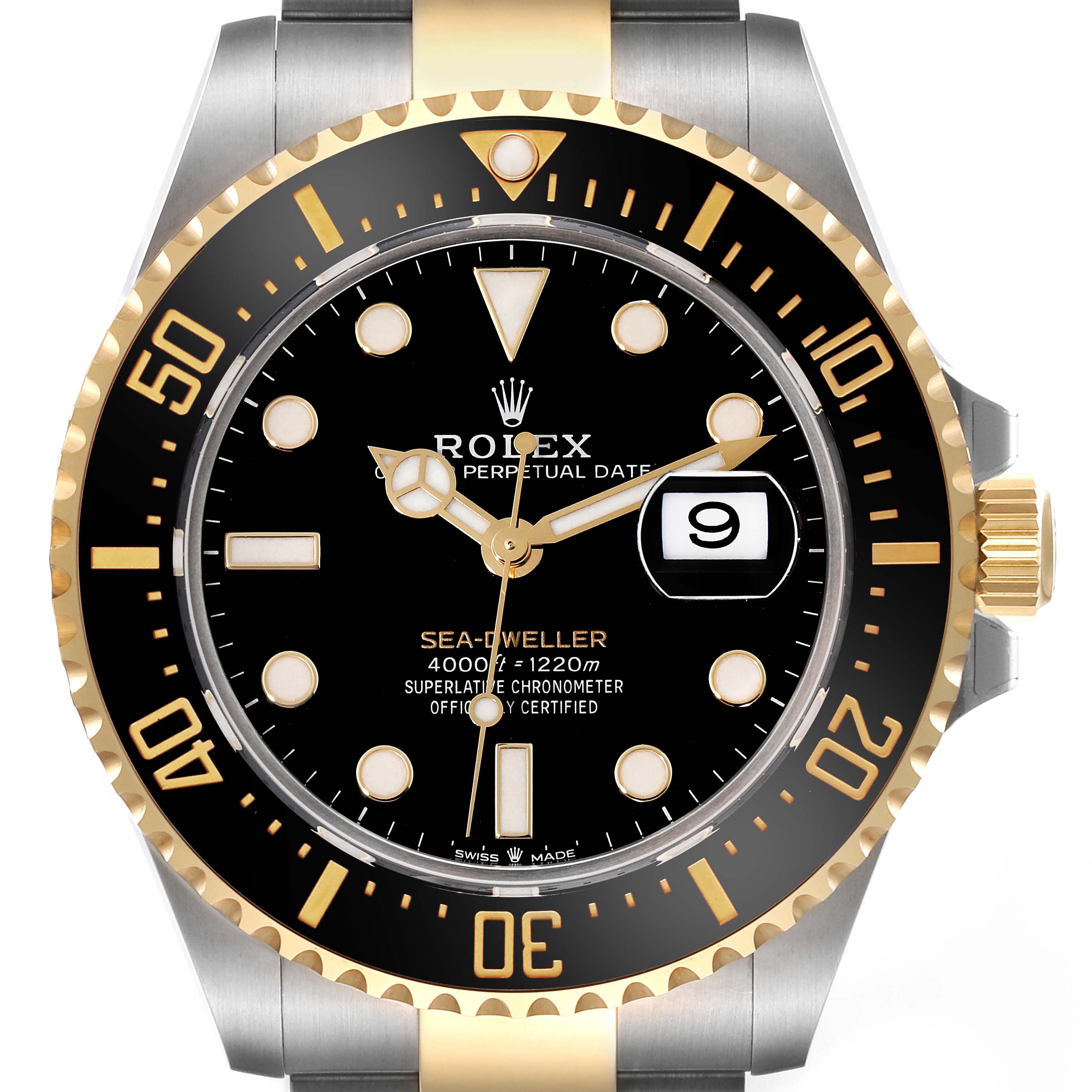 This is a front view of the Rolex Sea-Dweller M126603 Men
s Steel and Gold (two tone) Black Dial M126603 Men
s Steel and Gold (two tone) Black Dial watch showcasing the dial, bezel, and part of the bracelet.