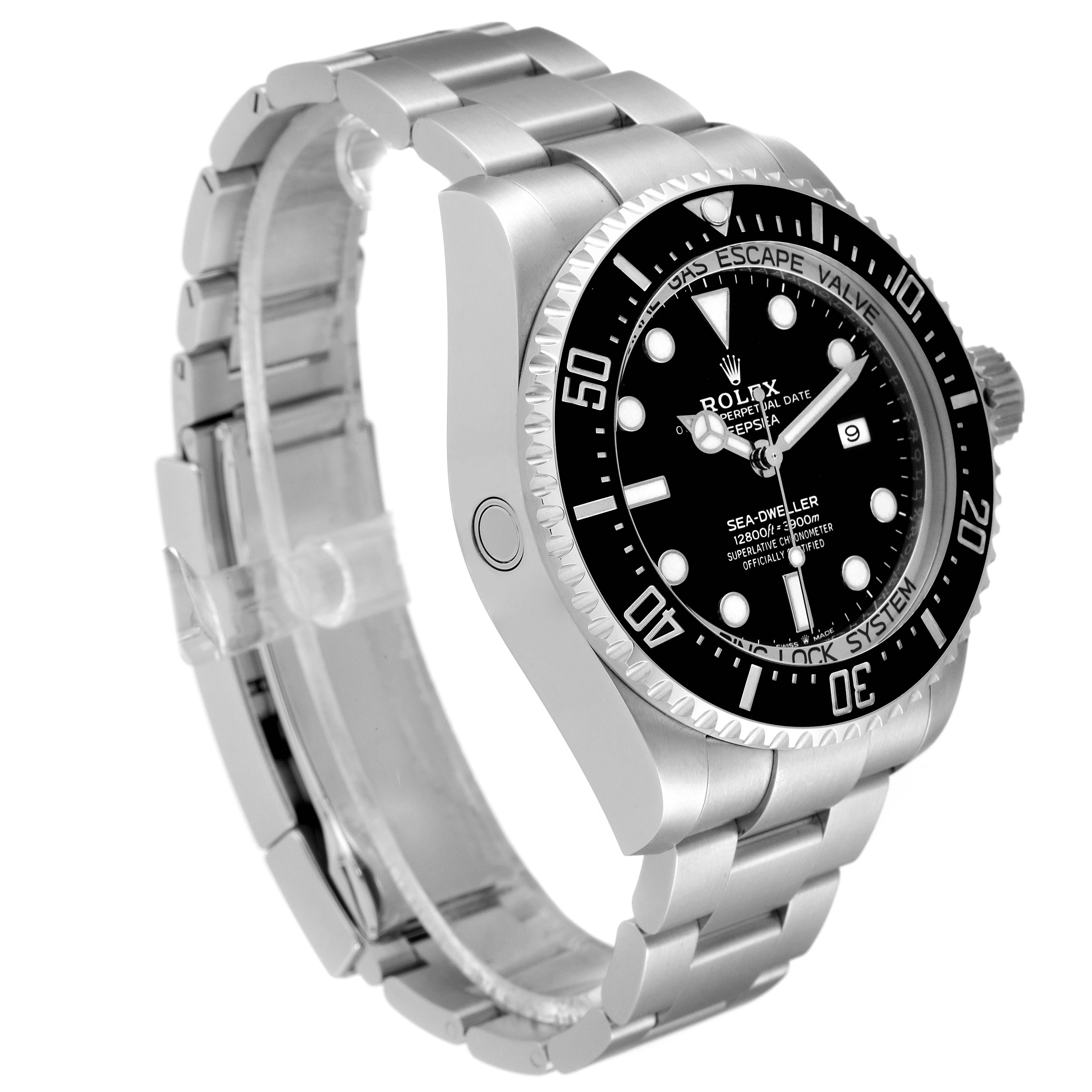 The image shows a side and front angle of a Rolex Sea-Dweller 126660 Men
s Stainless Steel Black Dial 126660 Men
s Stainless Steel Black Dial watch, highlighting the dial, bezel, and band.