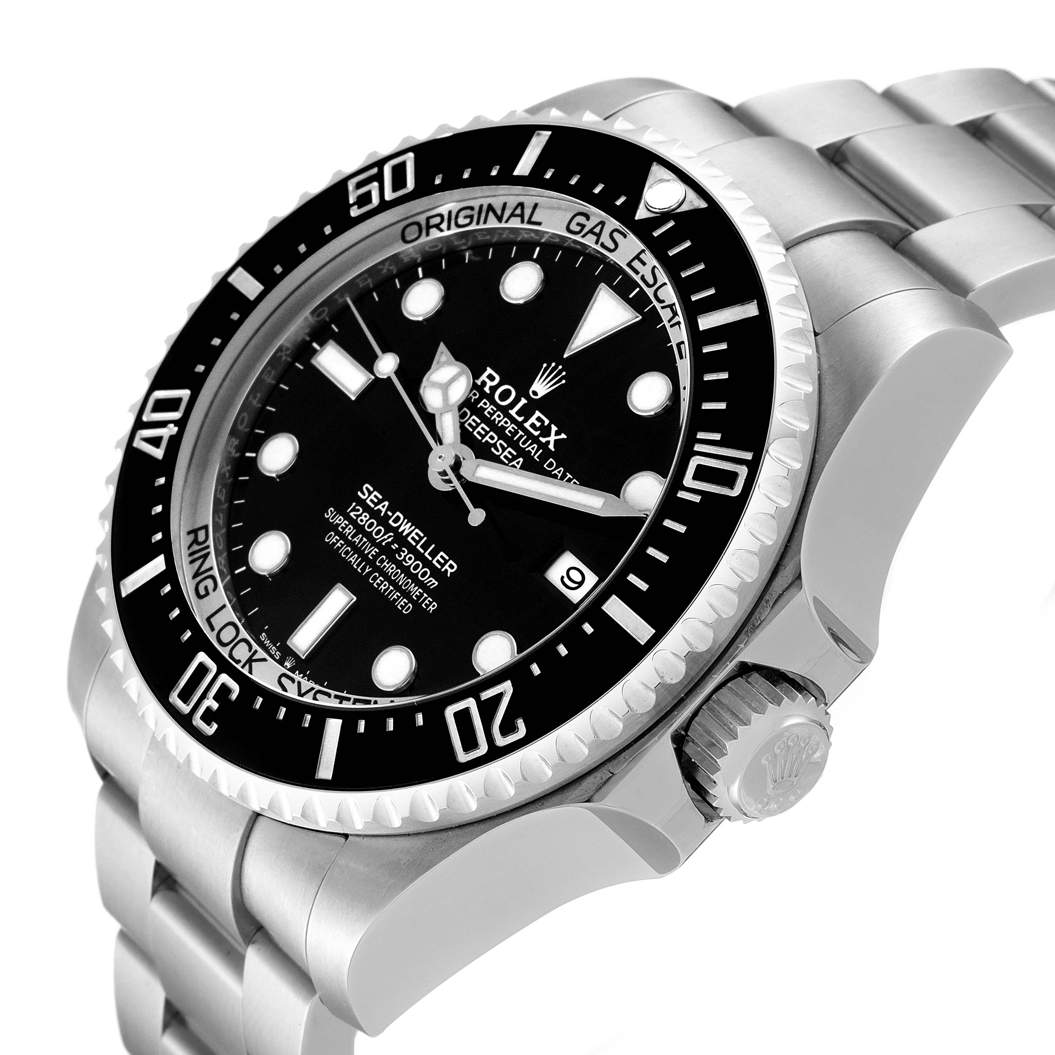 The image shows a Rolex Sea-Dweller 126660 Men
s Stainless Steel Black Dial 126660 Men
s Stainless Steel Black Dial watch at an angled side view, highlighting the case, dial, bezel, and part of the bracelet.