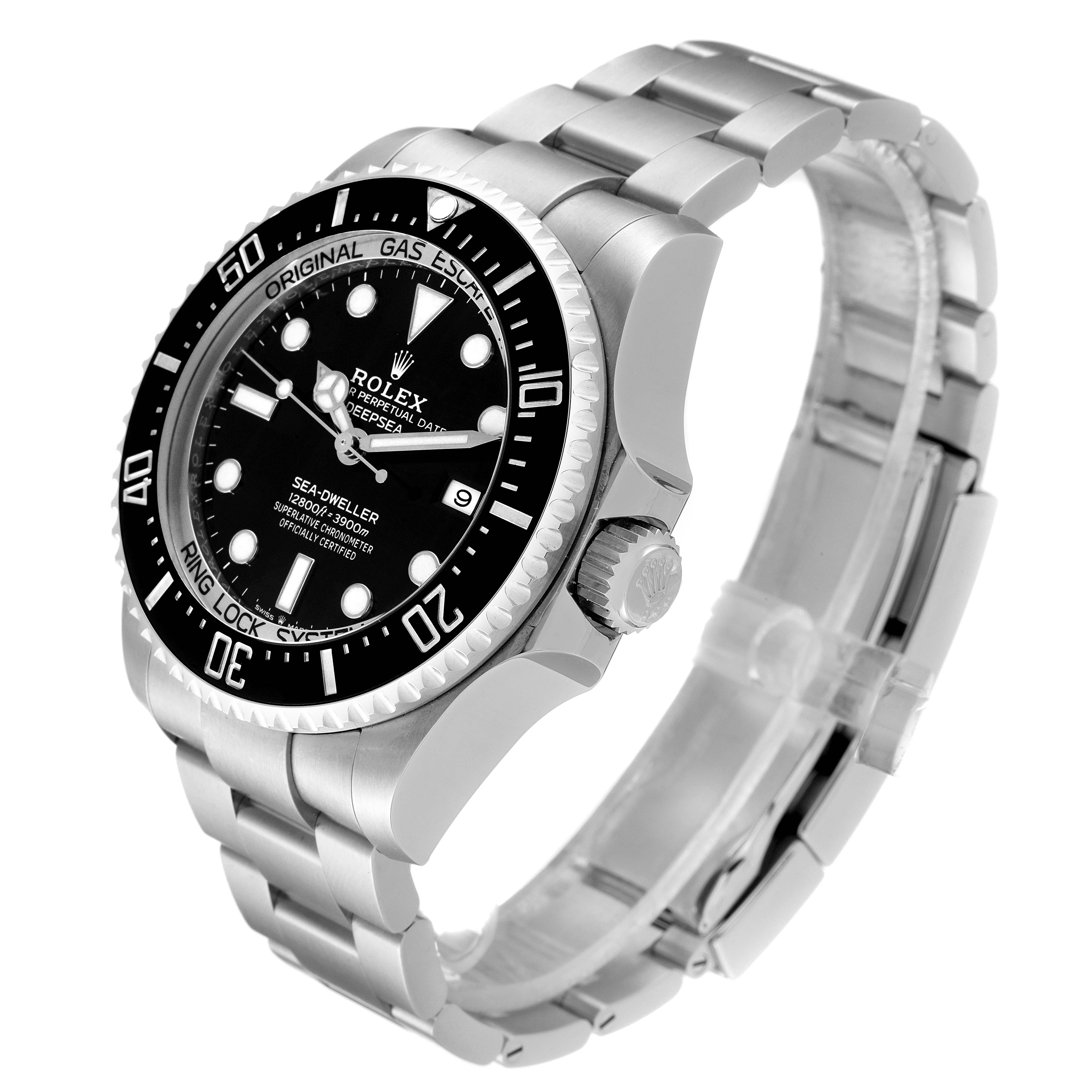 The Rolex Sea-Dweller 126660 Men
s Stainless Steel Black Dial 126660 Men
s Stainless Steel Black Dial watch is shown at an oblique angle, highlighting the watch face, crown, bezel, and steel bracelet.