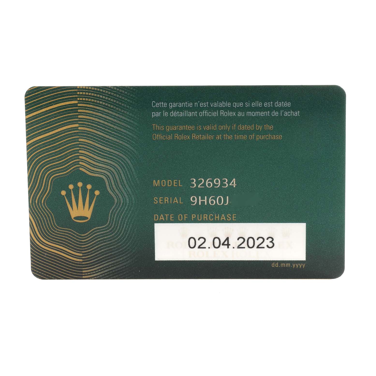 The image shows a Rolex warranty card for the Sky-Dweller model, model number 326934, with a purchase date of 02.04.2023.