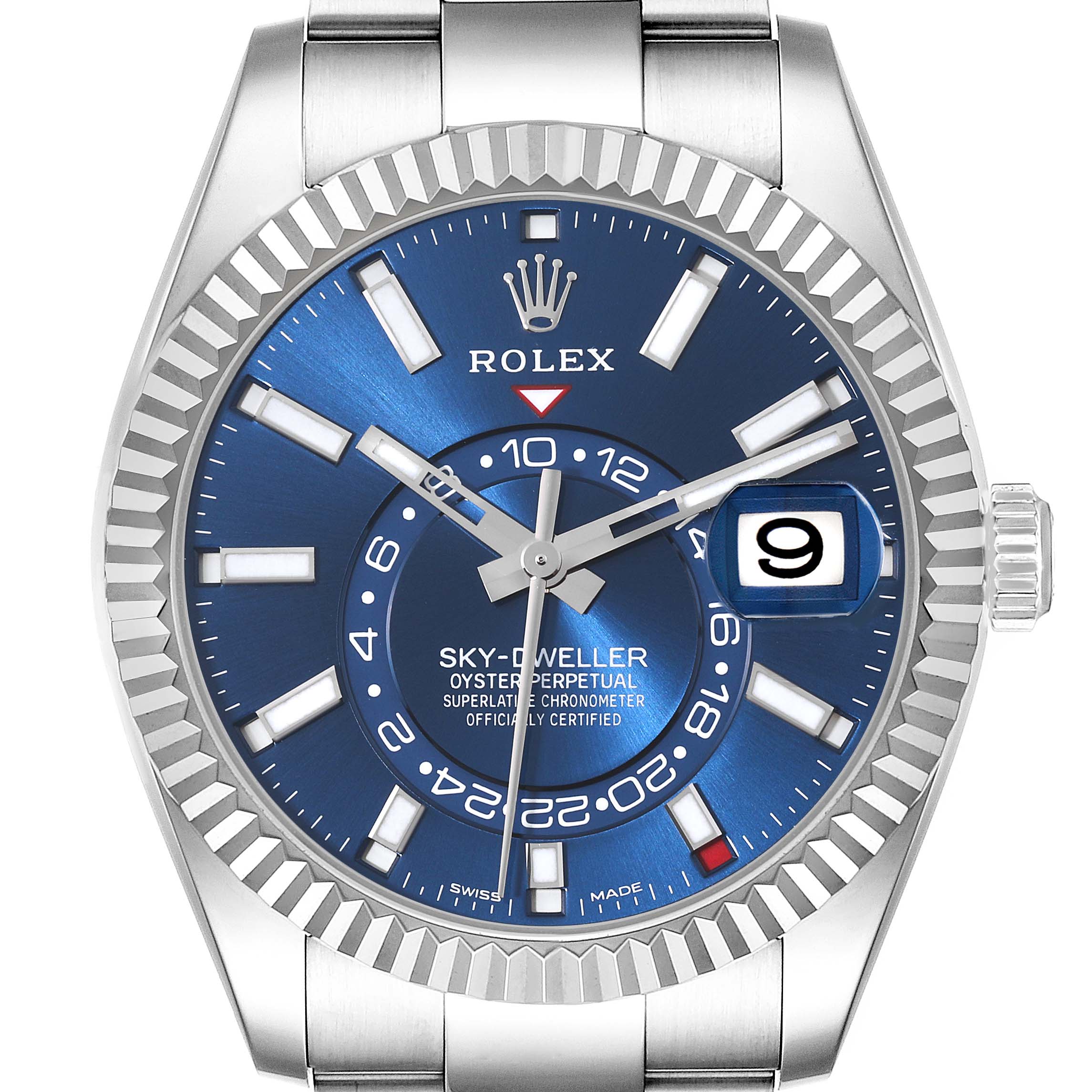 The image shows a front view of a Rolex Sky-Dweller 326934 Men's Stainless Steel Blue Dial 326934 Men's Stainless Steel Blue Dial watch featuring a blue dial, date display, and silver-tone hands and markers.