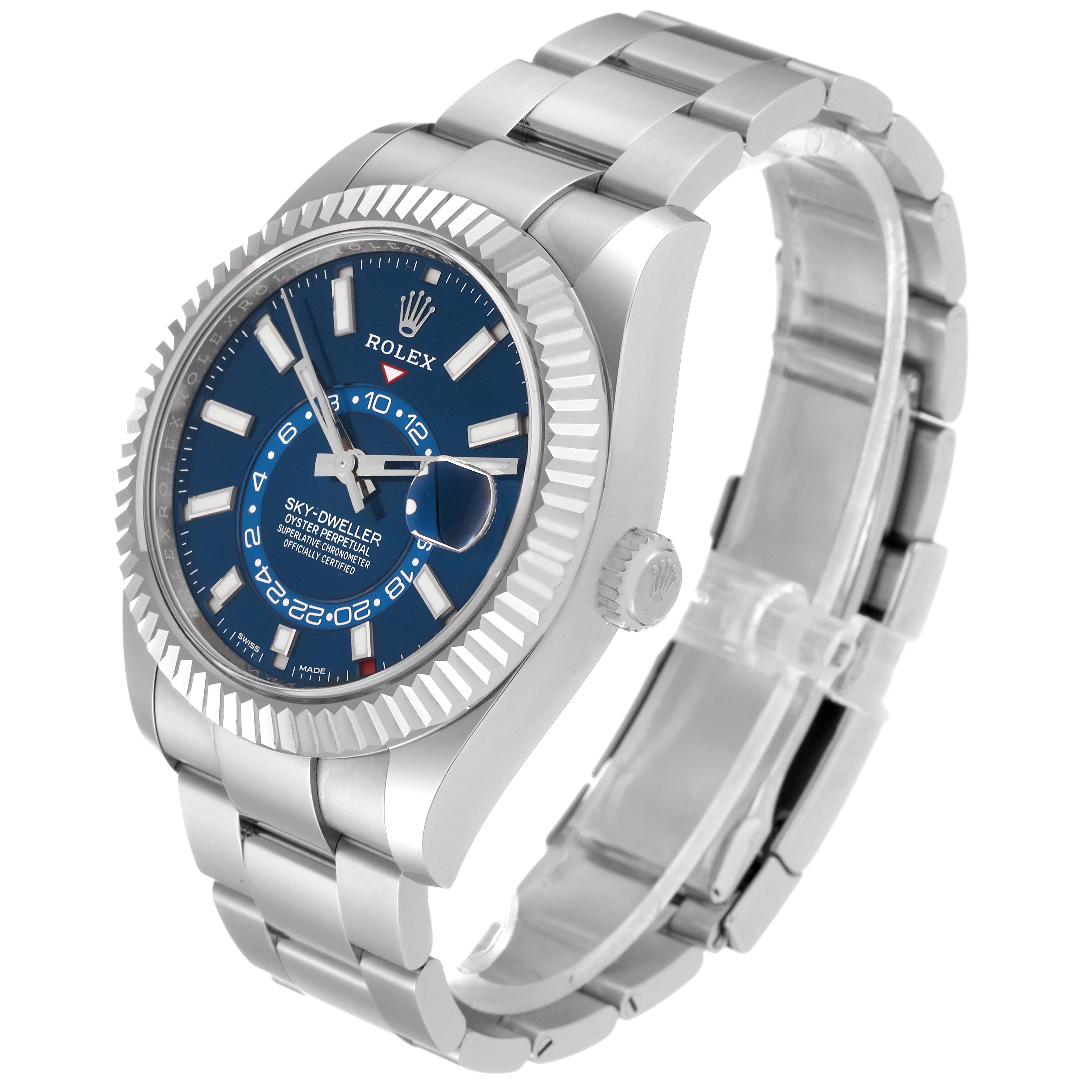 The Rolex Sky-Dweller 326934 Men's Stainless Steel Blue Dial 326934 Men's Stainless Steel Blue Dial is shown at a three-quarter angle displaying the face, bezel, crown, and bracelet.