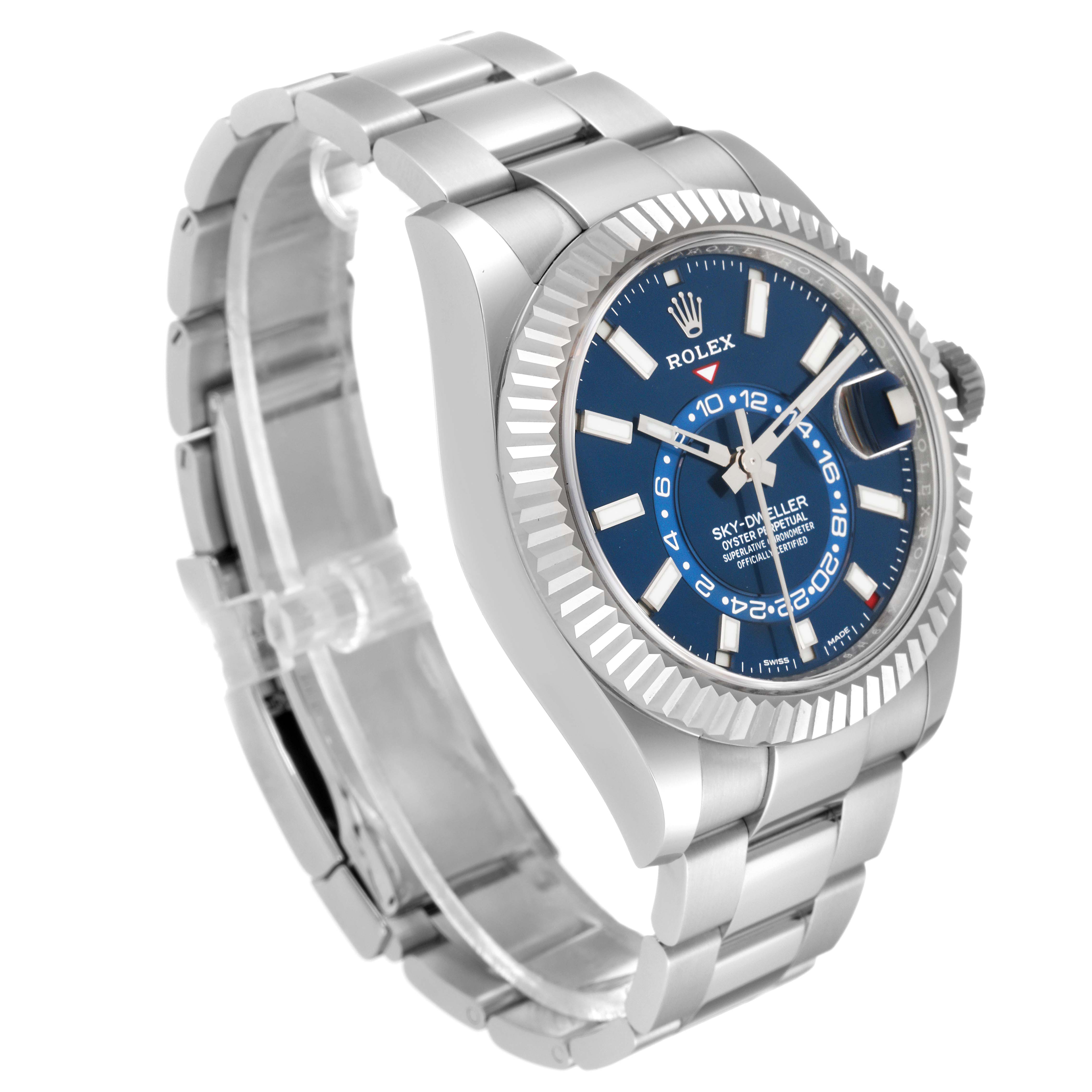 The Rolex Sky-Dweller 326934 Men's Stainless Steel Blue Dial 326934 Men's Stainless Steel Blue Dial watch is shown from an angled front view, highlighting the blue dial, bezel, and metal bracelet.
