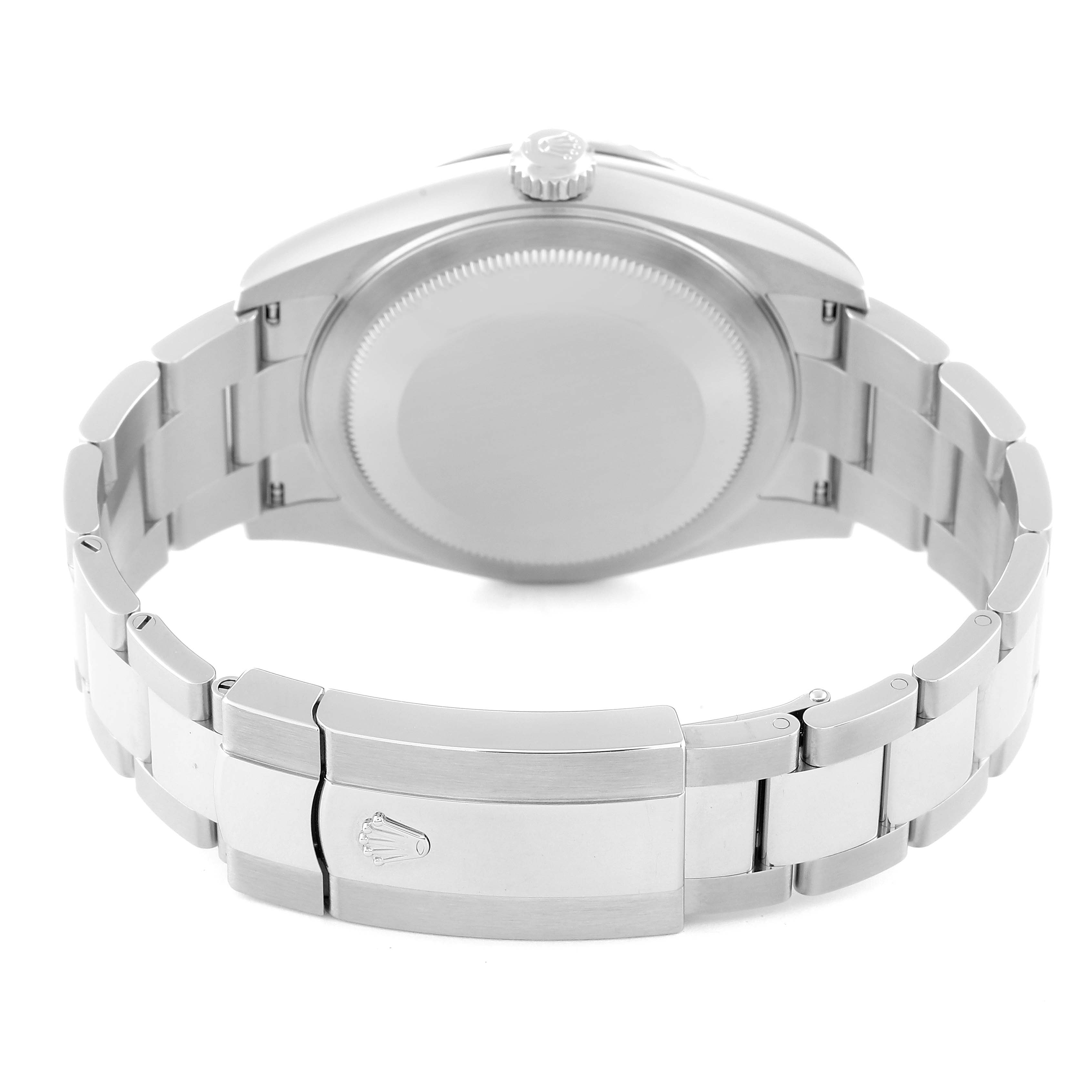 This image shows the back view of a Rolex Sky-Dweller 326934 Men's Stainless Steel Blue Dial 326934 Men's Stainless Steel Blue Dial watch, highlighting its bracelet and clasp.