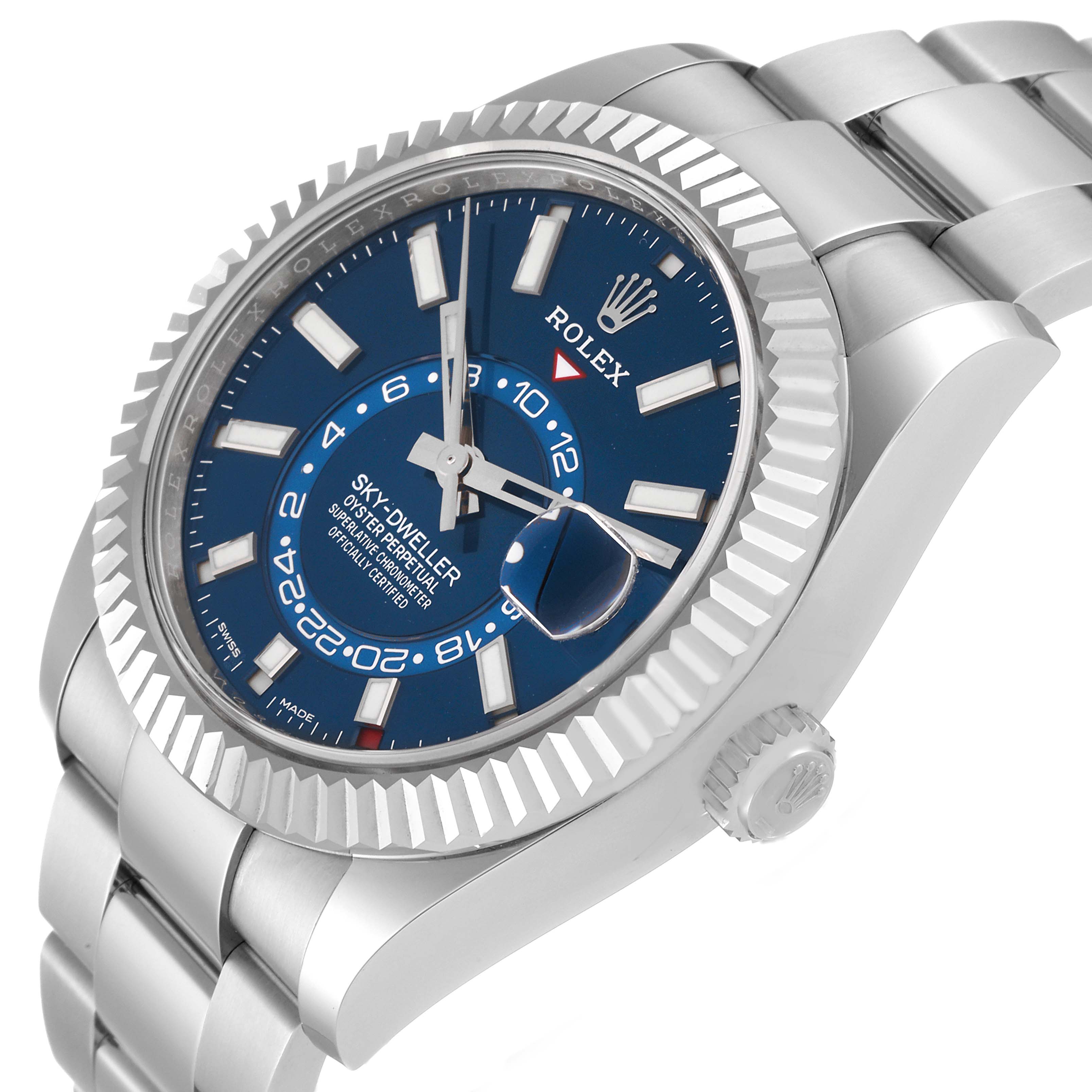 This image shows a Rolex Sky-Dweller 326934 Men's Stainless Steel Blue Dial 326934 Men's Stainless Steel Blue Dial watch from an angled side view highlighting the face, bezel, and part of the bracelet.