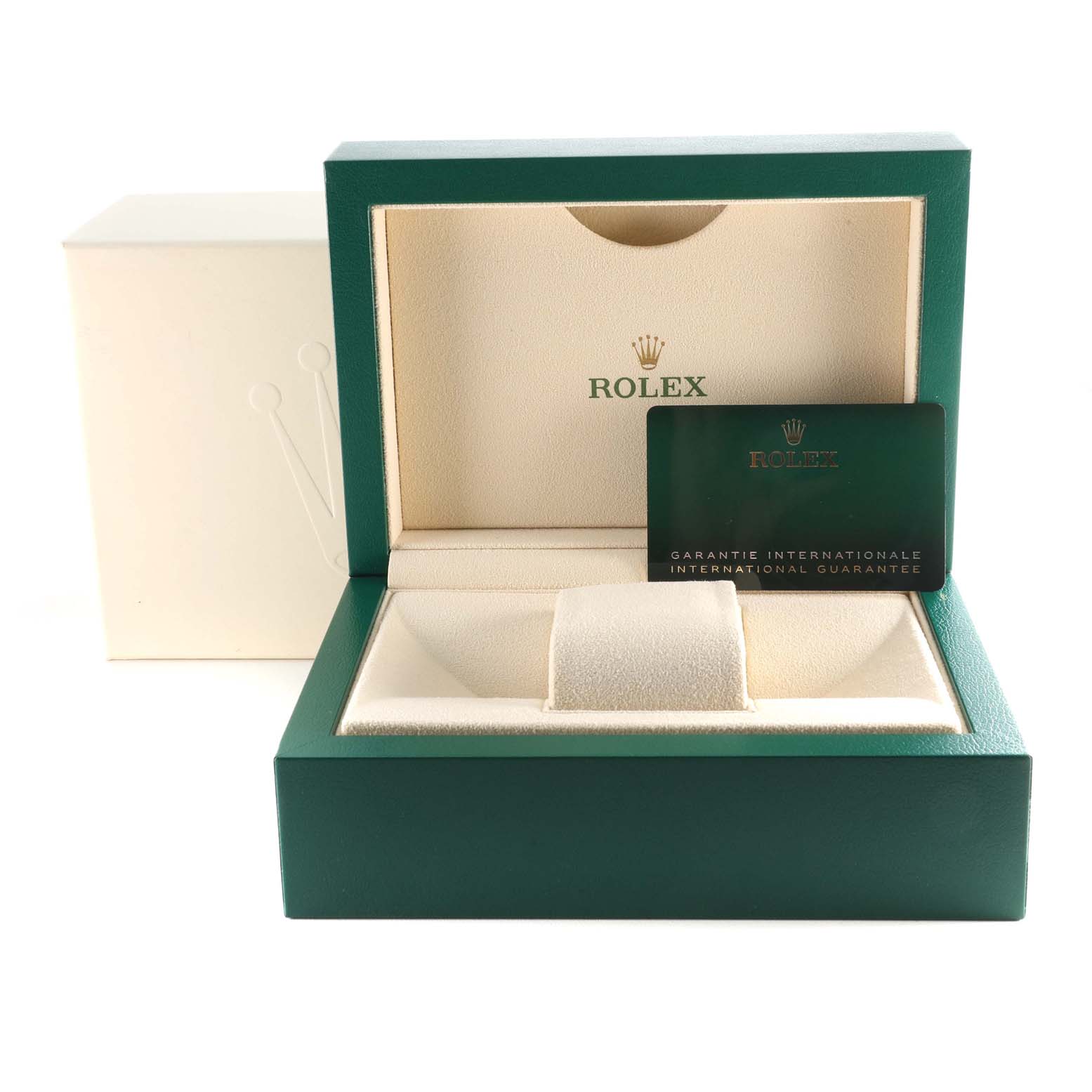 The image shows the open presentation case with the international guarantee card for a Rolex Sky-Dweller 326934 Men's Stainless Steel Blue Dial 326934 Men's Stainless Steel Blue Dial watch.