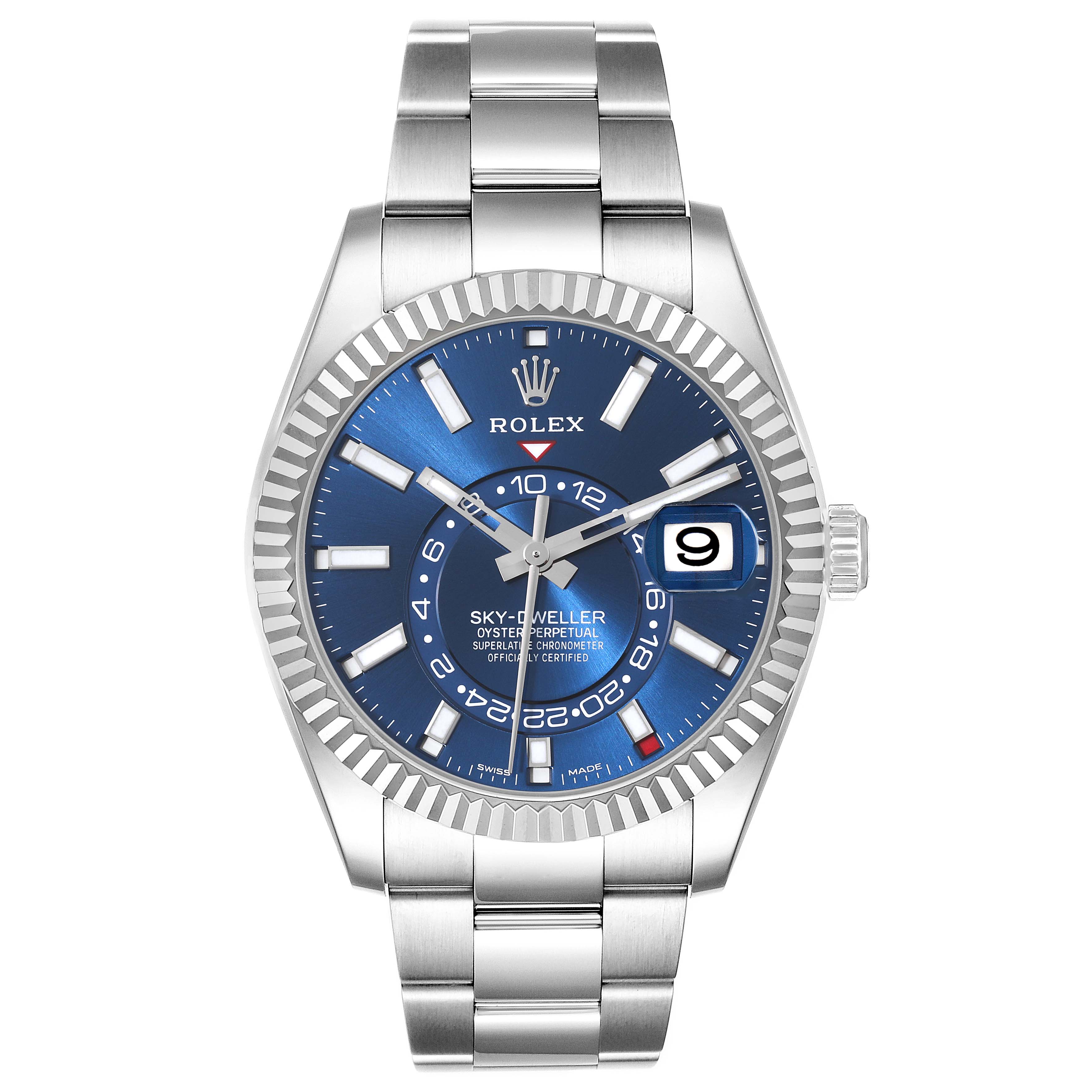 The Rolex Sky-Dweller 326934 Men's Stainless Steel Blue Dial 326934 Men's Stainless Steel Blue Dial watch is shown from the front, highlighting the blue dial, fluted bezel, date display, and Oyster bracelet.