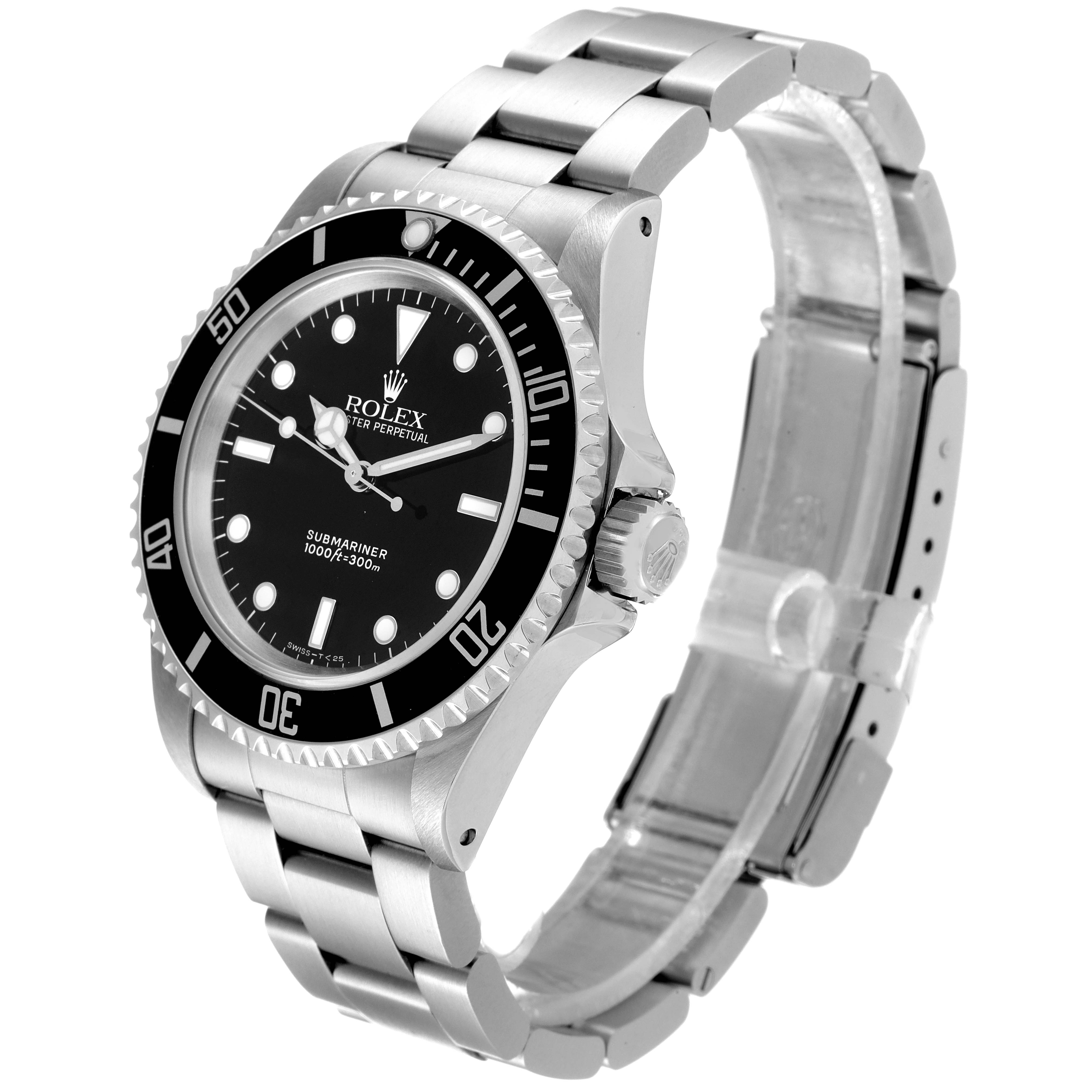 The image shows the Rolex Submariner 14060 Men
s Stainless Steel Black Dial 14060 Men
s Stainless Steel Black Dial watch at a three-quarter angle, highlighting its bezel, dial, and bracelet.