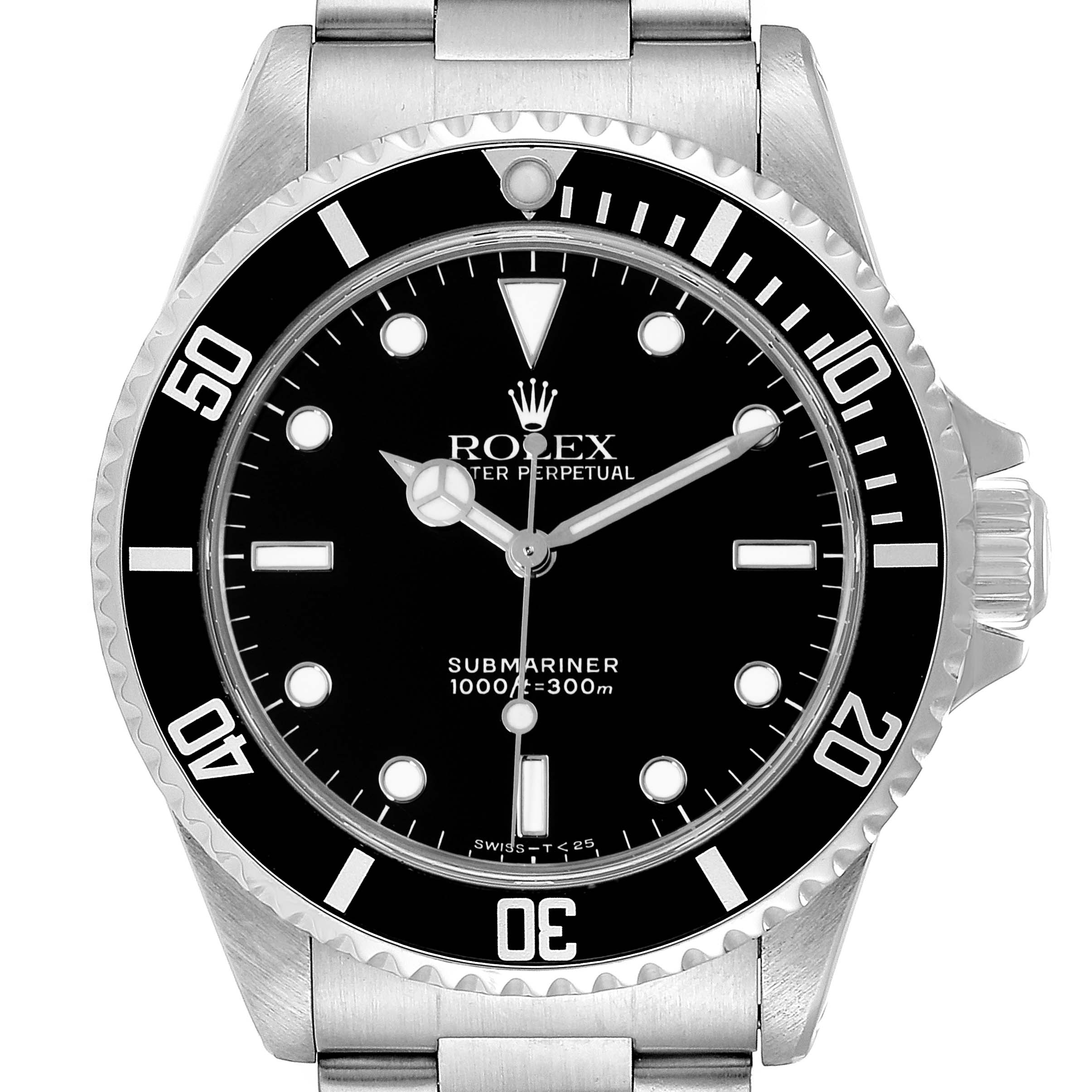 This image shows a front view of the Rolex Submariner 14060 Men
s Stainless Steel Black Dial 14060 Men
s Stainless Steel Black Dial watch, displaying its black dial, bezel, and stainless steel bracelet.