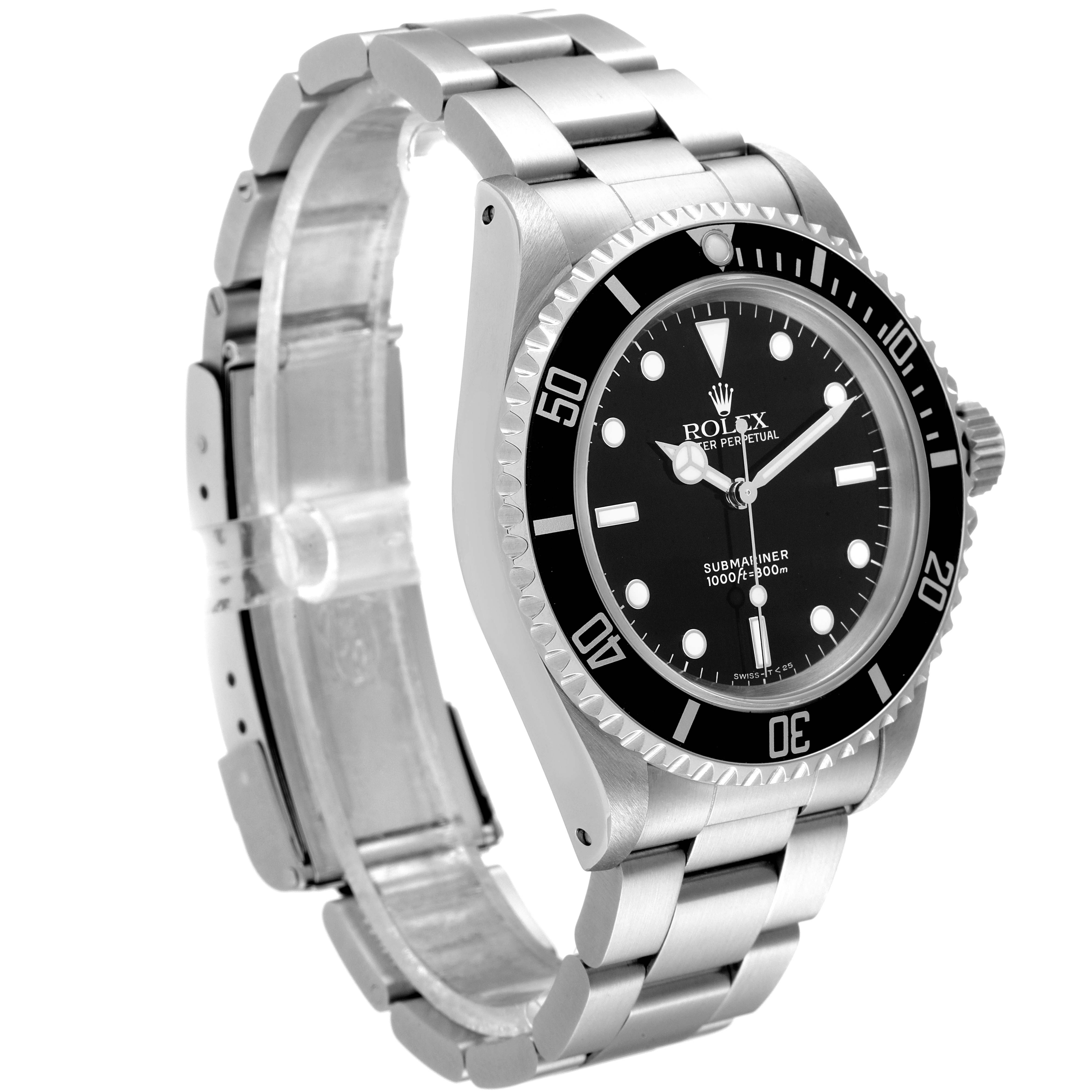 The Rolex Submariner 14060 Men
s Stainless Steel Black Dial 14060 Men
s Stainless Steel Black Dial watch is shown at a left-angle view, highlighting its bezel, dial, and bracelet.