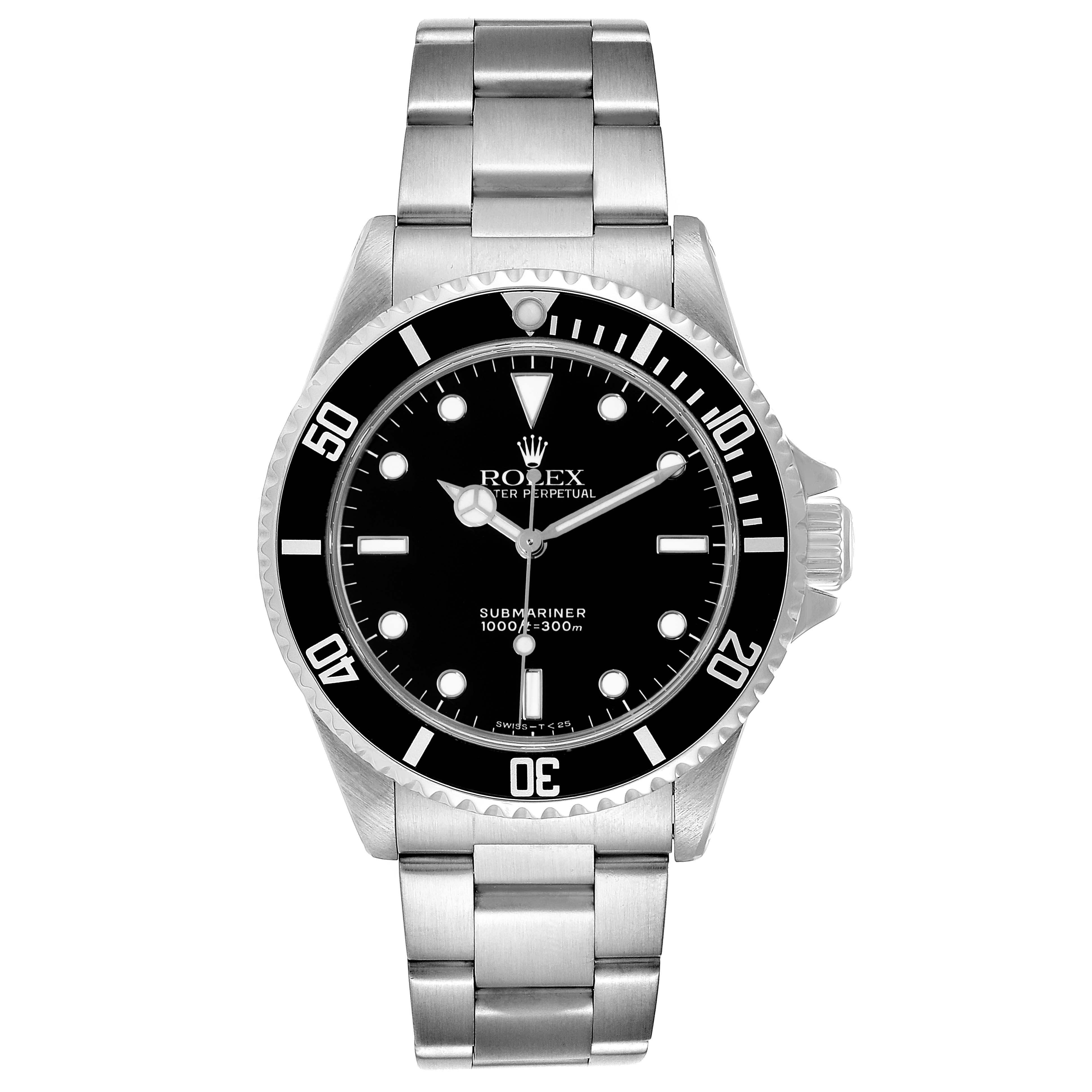 The image shows a front view of a Rolex Submariner 14060 Men
s Stainless Steel Black Dial 14060 Men
s Stainless Steel Black Dial watch featuring its dial, bezel, and stainless steel bracelet.