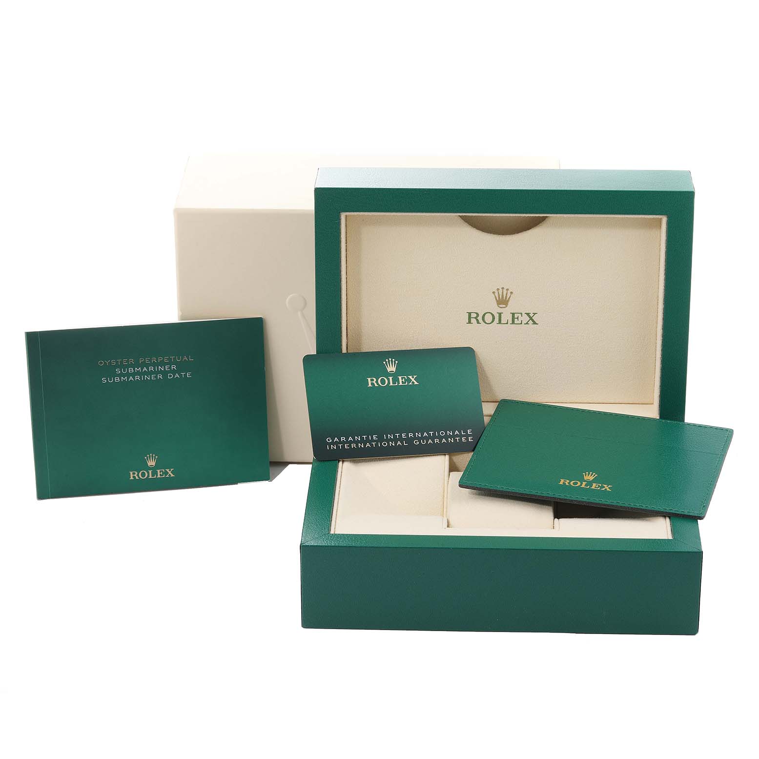 This image shows the packaging and booklets for the Rolex Submariner 126613 Men's Steel and Gold (two tone) Blue Dial 126613 Men's Steel and Gold (two tone) Blue Dial, including the watch box and guarantee cards.