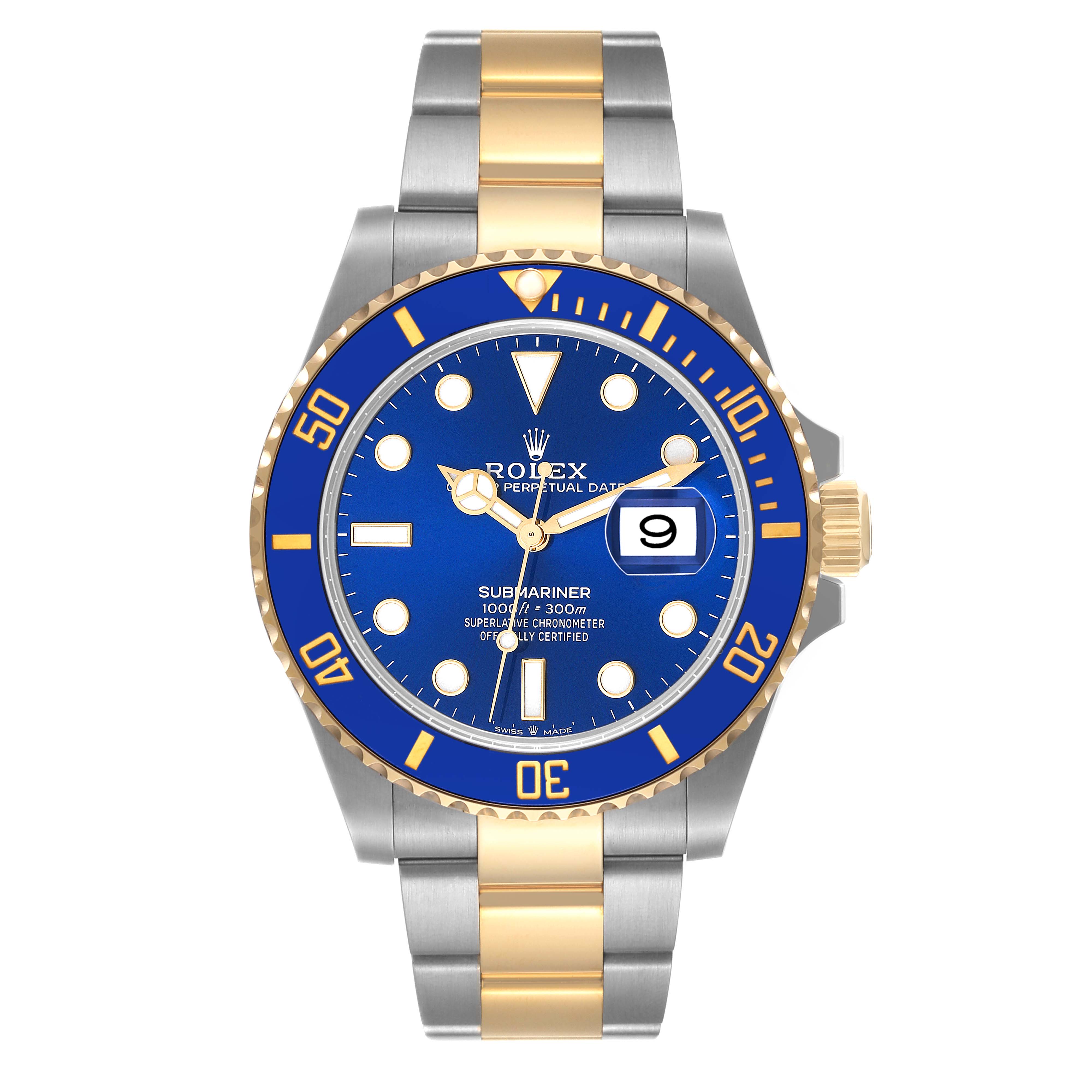 The image shows a Rolex Submariner 126613 Men's Steel and Gold (two tone) Blue Dial 126613 Men's Steel and Gold (two tone) Blue Dial watch from the front, highlighting its blue dial, date display, and two-tone bracelet.