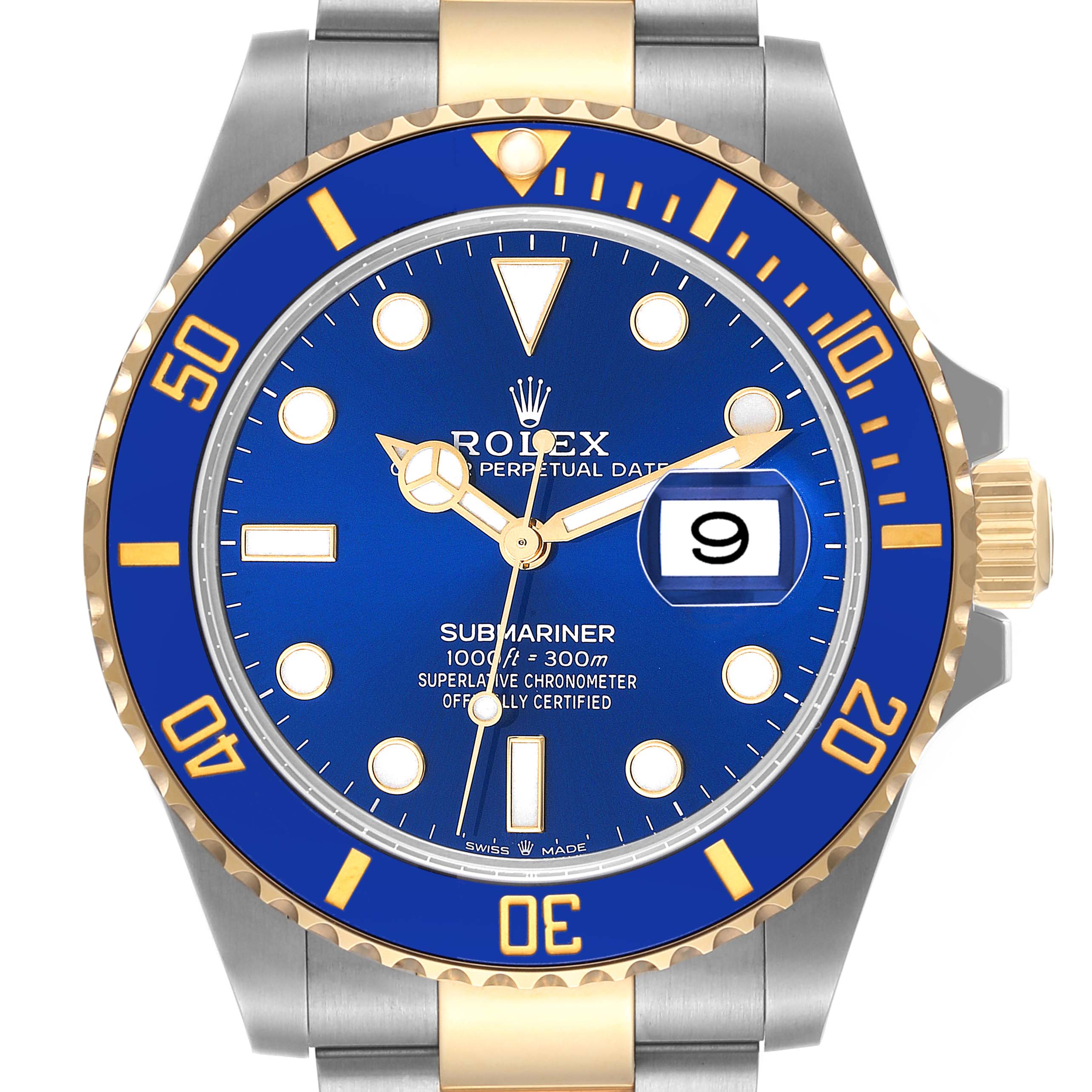 This image shows a front view of a Rolex Submariner 126613 Men's Steel and Gold (two tone) Blue Dial 126613 Men's Steel and Gold (two tone) Blue Dial watch, highlighting the blue dial, bezel, and the cyclops lens over the date.