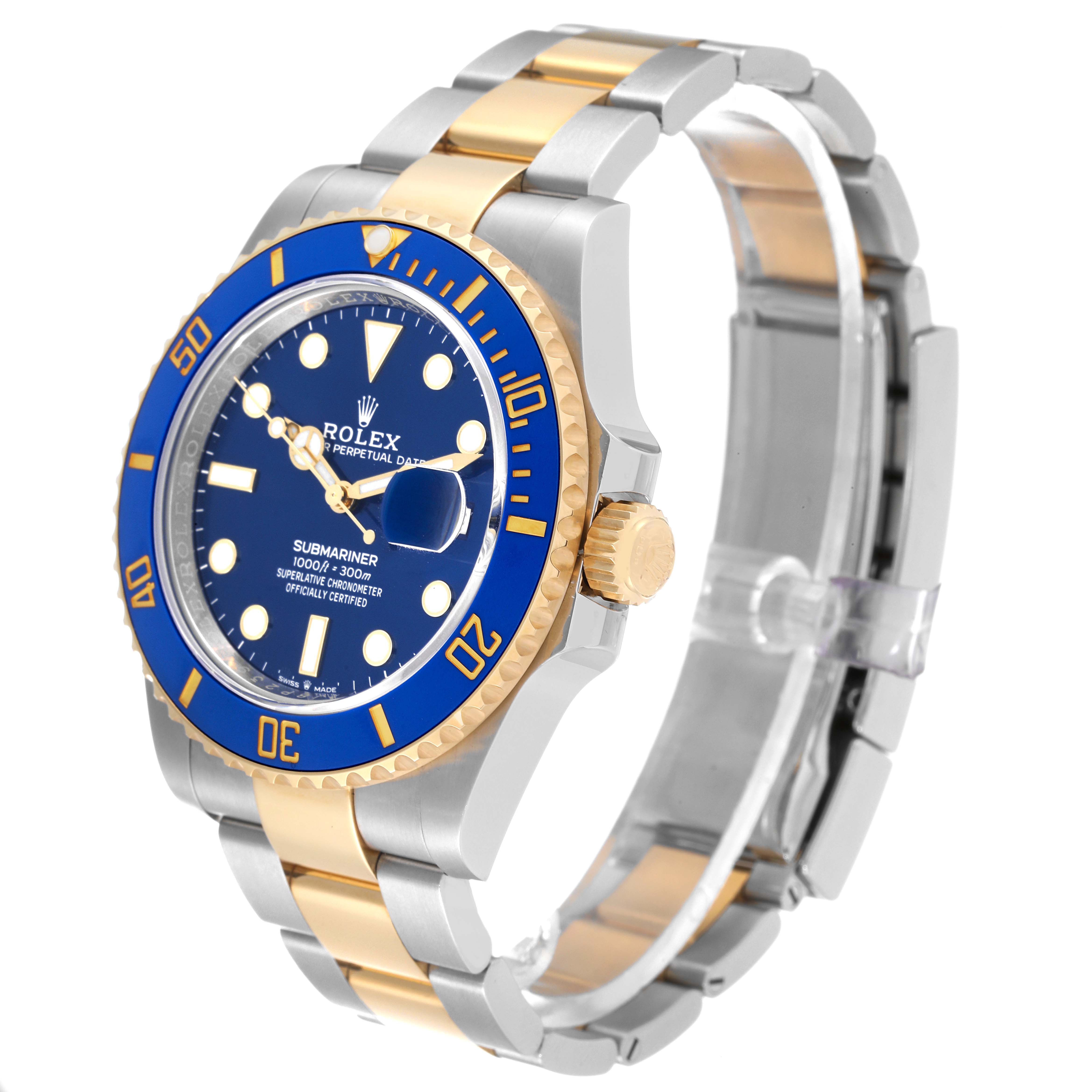 This image shows a Rolex Submariner 126613 Men's Steel and Gold (two tone) Blue Dial 126613 Men's Steel and Gold (two tone) Blue Dial watch at a three-quarter angle, highlighting its blue dial, blue bezel, and two-tone bracelet.