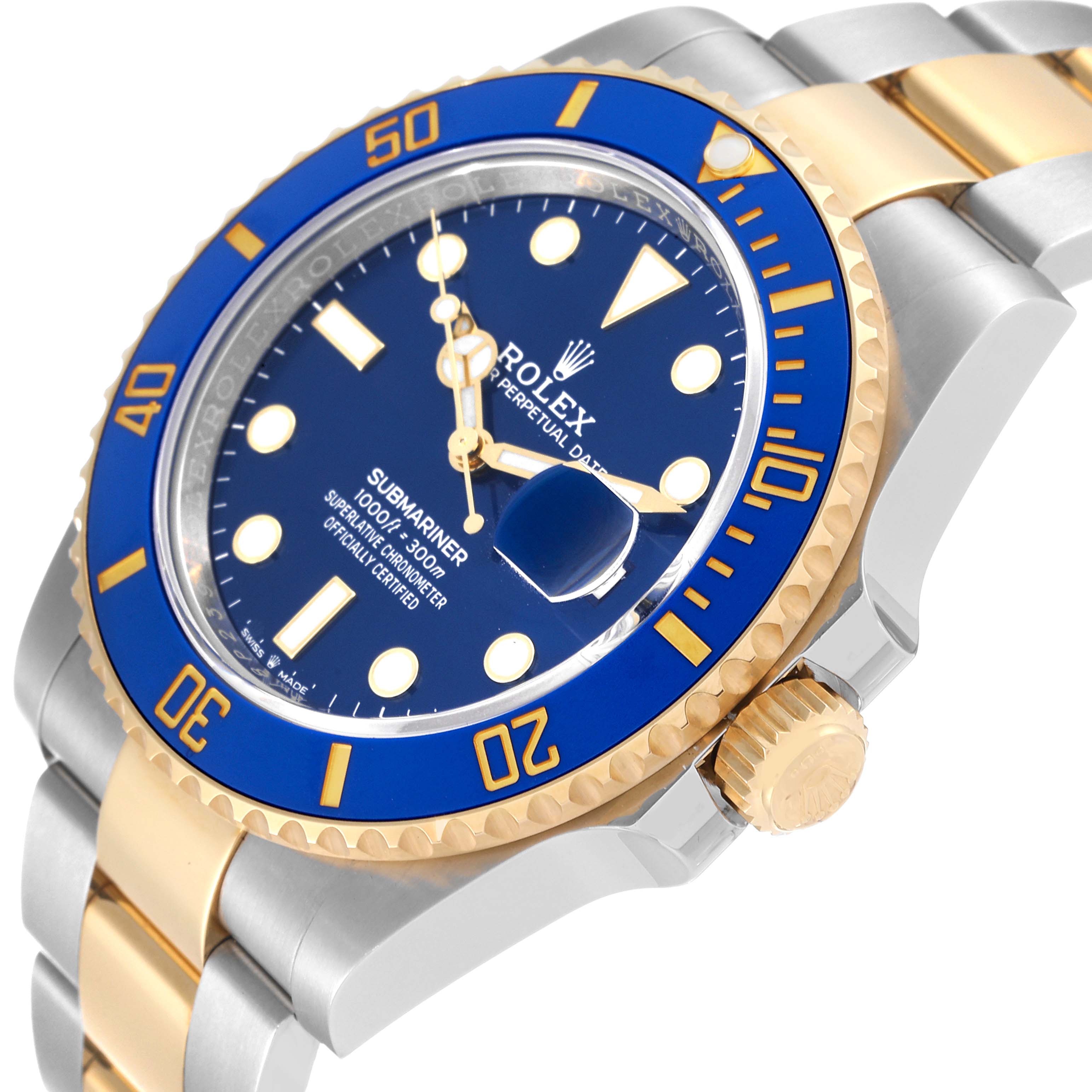 The image shows a side view of a Rolex Submariner 126613 Men's Steel and Gold (two tone) Blue Dial 126613 Men's Steel and Gold (two tone) Blue Dial, highlighting its blue dial, bezel, and two-tone bracelet.