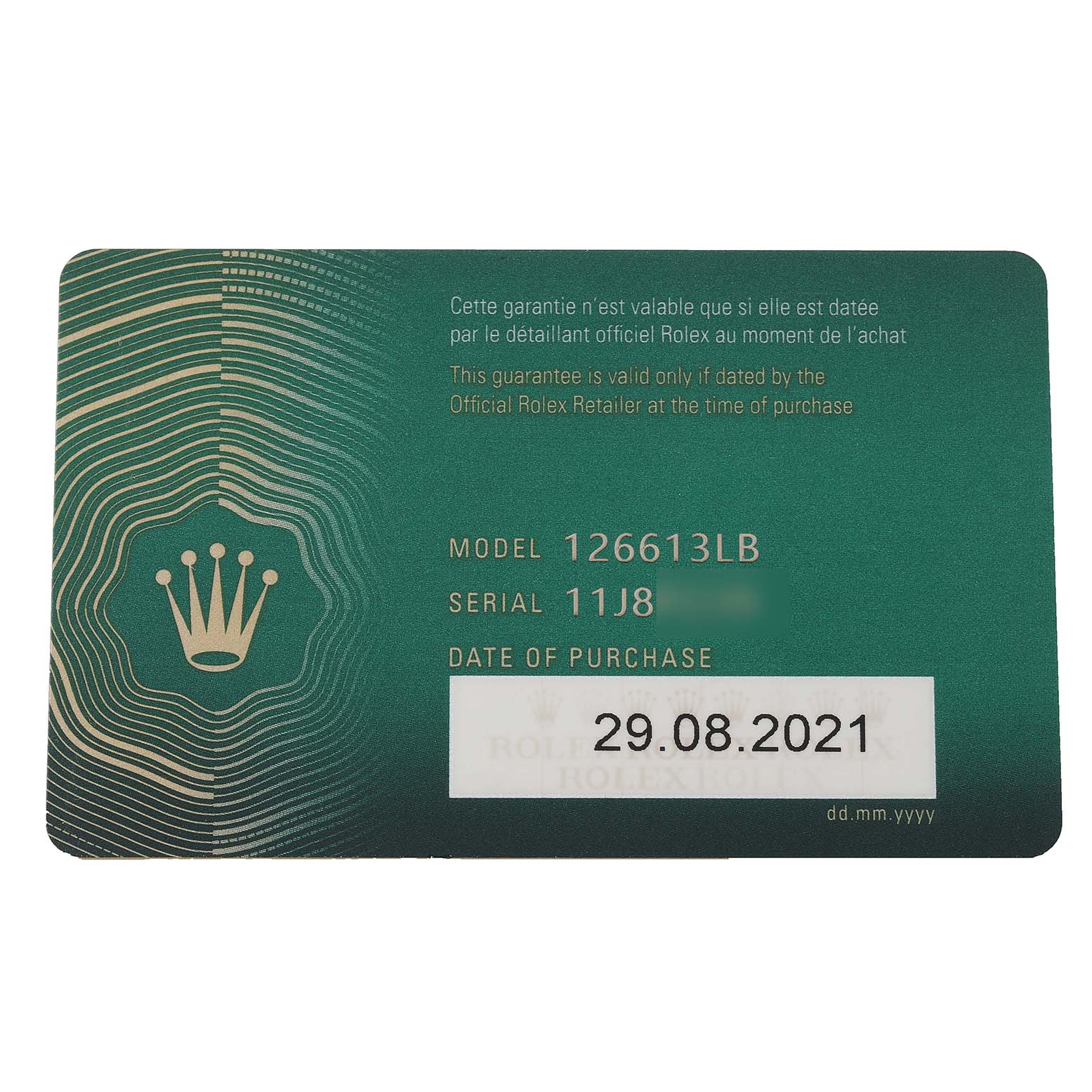 The image shows a warranty card for the Rolex Submariner 126613 Men's Steel and Gold (two tone) Blue Dial 126613 Men's Steel and Gold (two tone) Blue Dial model 126613LB, including the serial number and date of purchase.