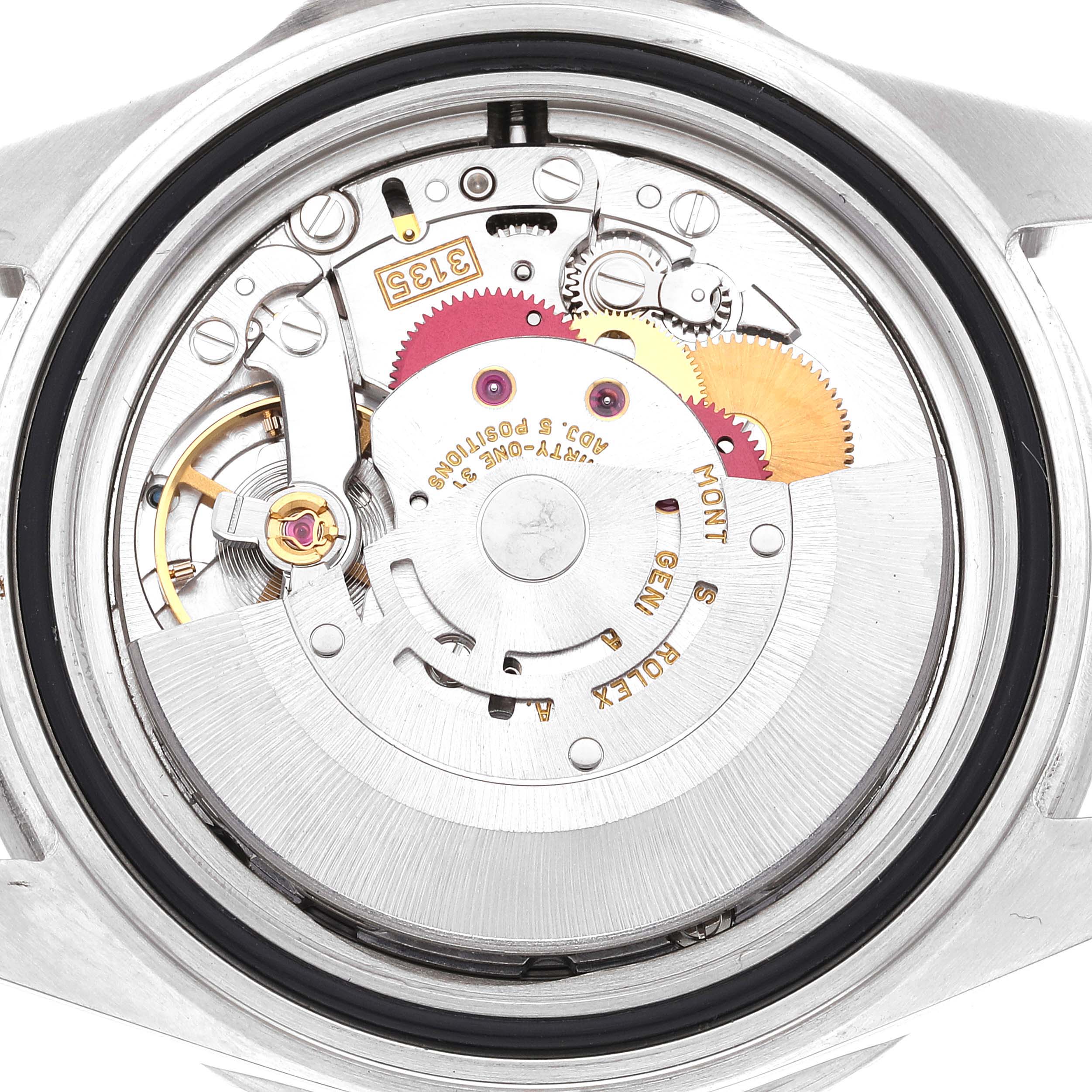 The image shows the exposed movement components of a Rolex Submariner 16610 Men
s Stainless Steel Black Dial 16610 Men
s Stainless Steel Black Dial watch from the back.