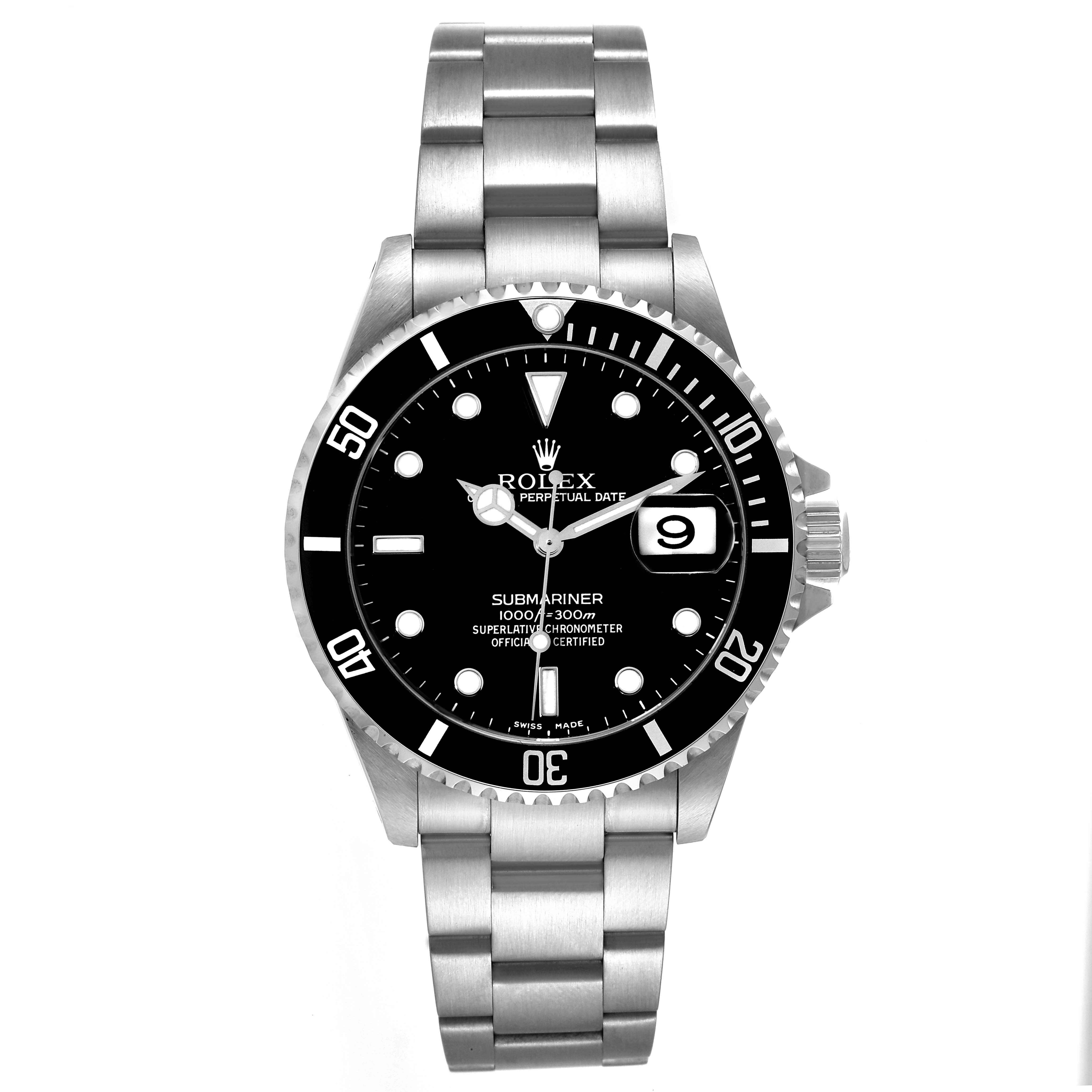 The image shows a front view of a Rolex Submariner 16610 Men
s Stainless Steel Black Dial 16610 Men
s Stainless Steel Black Dial watch displaying the dial, bezel, bracelet, and date magnifier.