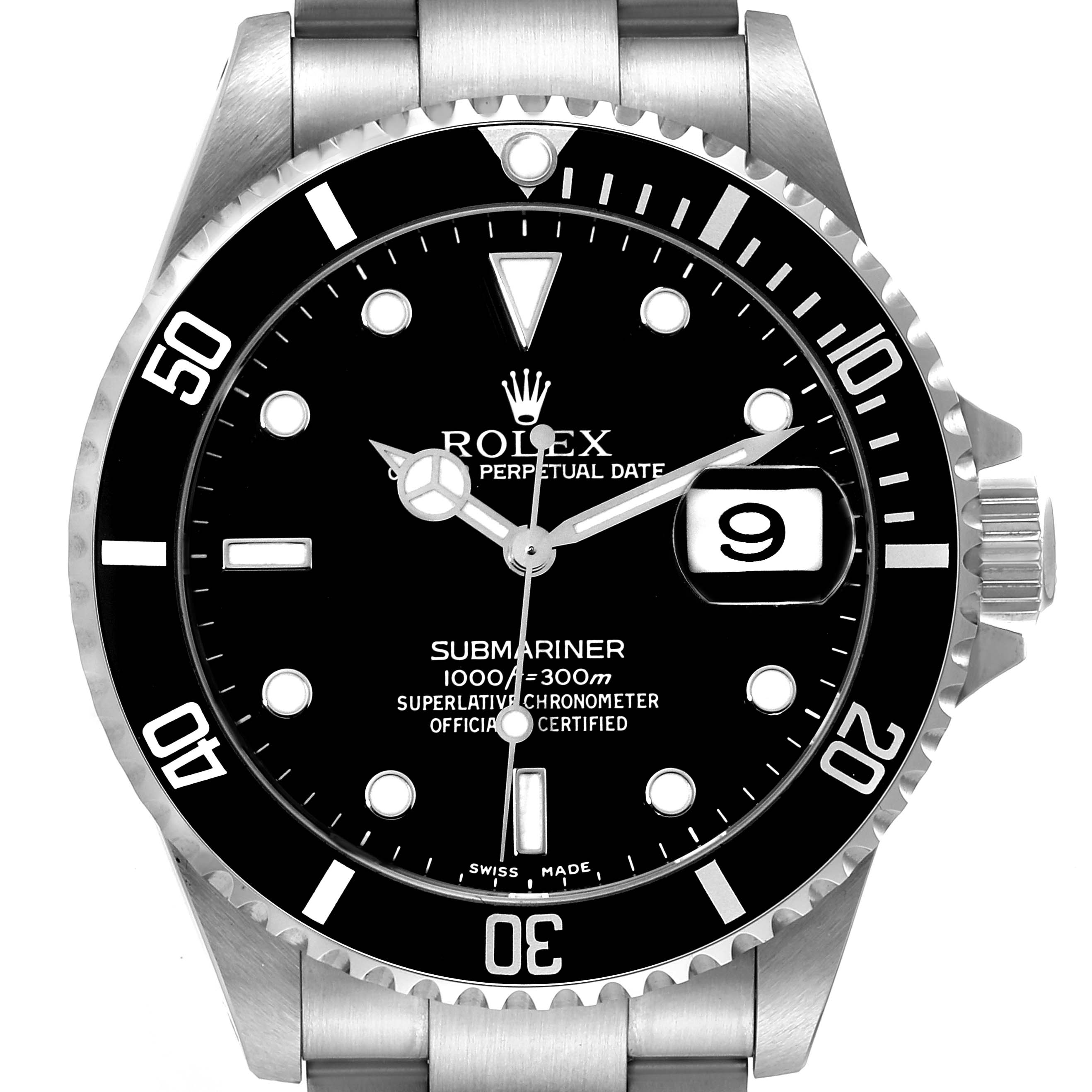 The image shows a front view of a Rolex Submariner 16610 Men
s Stainless Steel Black Dial 16610 Men
s Stainless Steel Black Dial, highlighting its black dial, bezel, and date window.