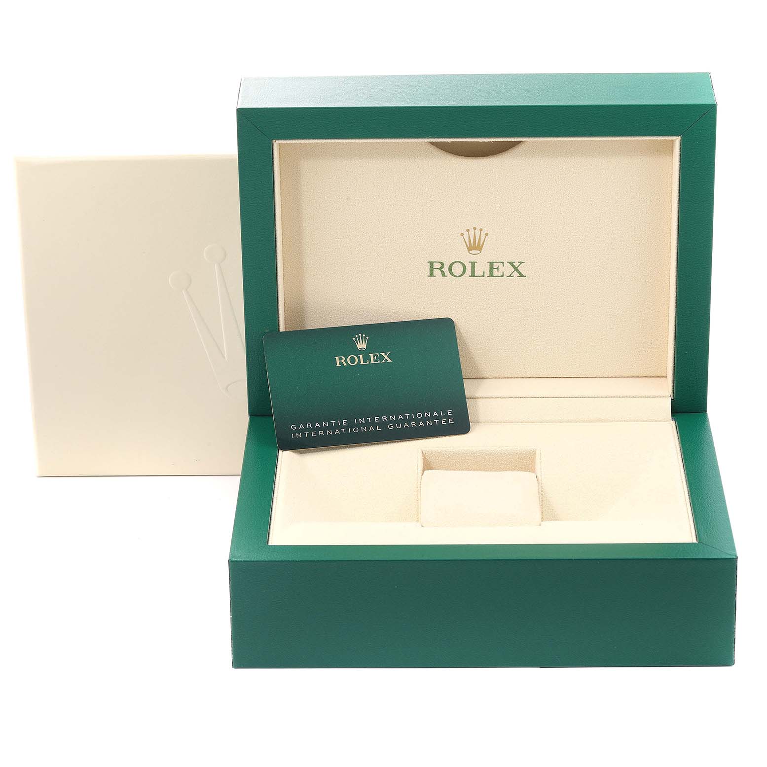 The image shows the open box of a Rolex Submariner 126610LV Men's Stainless Steel Black Dial 126610LV Men's Stainless Steel Black Dial watch with a warranty card displayed inside the box.