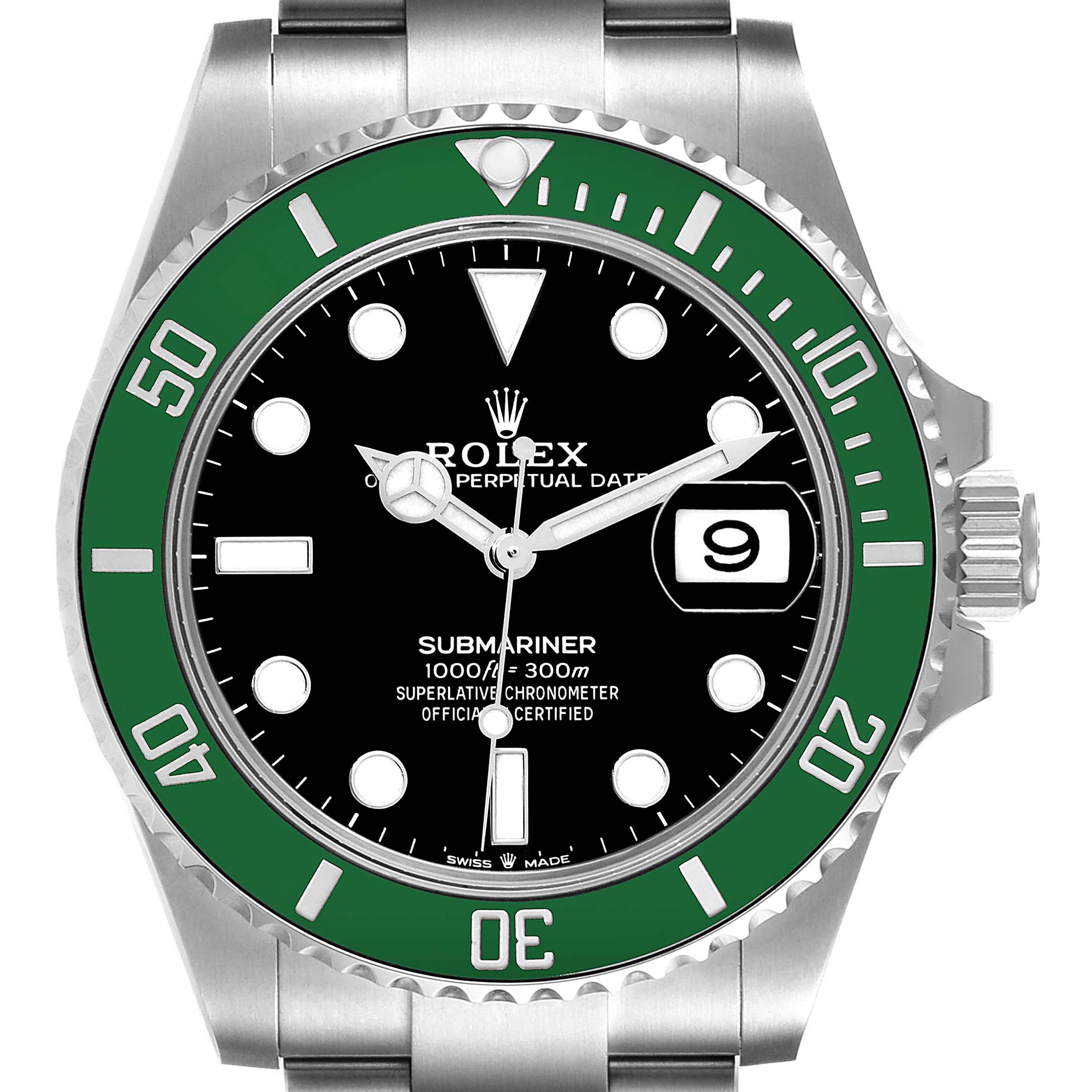 The image shows a front view of a Rolex Submariner 126610LV Men's Stainless Steel Black Dial 126610LV Men's Stainless Steel Black Dial watch, featuring a black dial and green bezel.