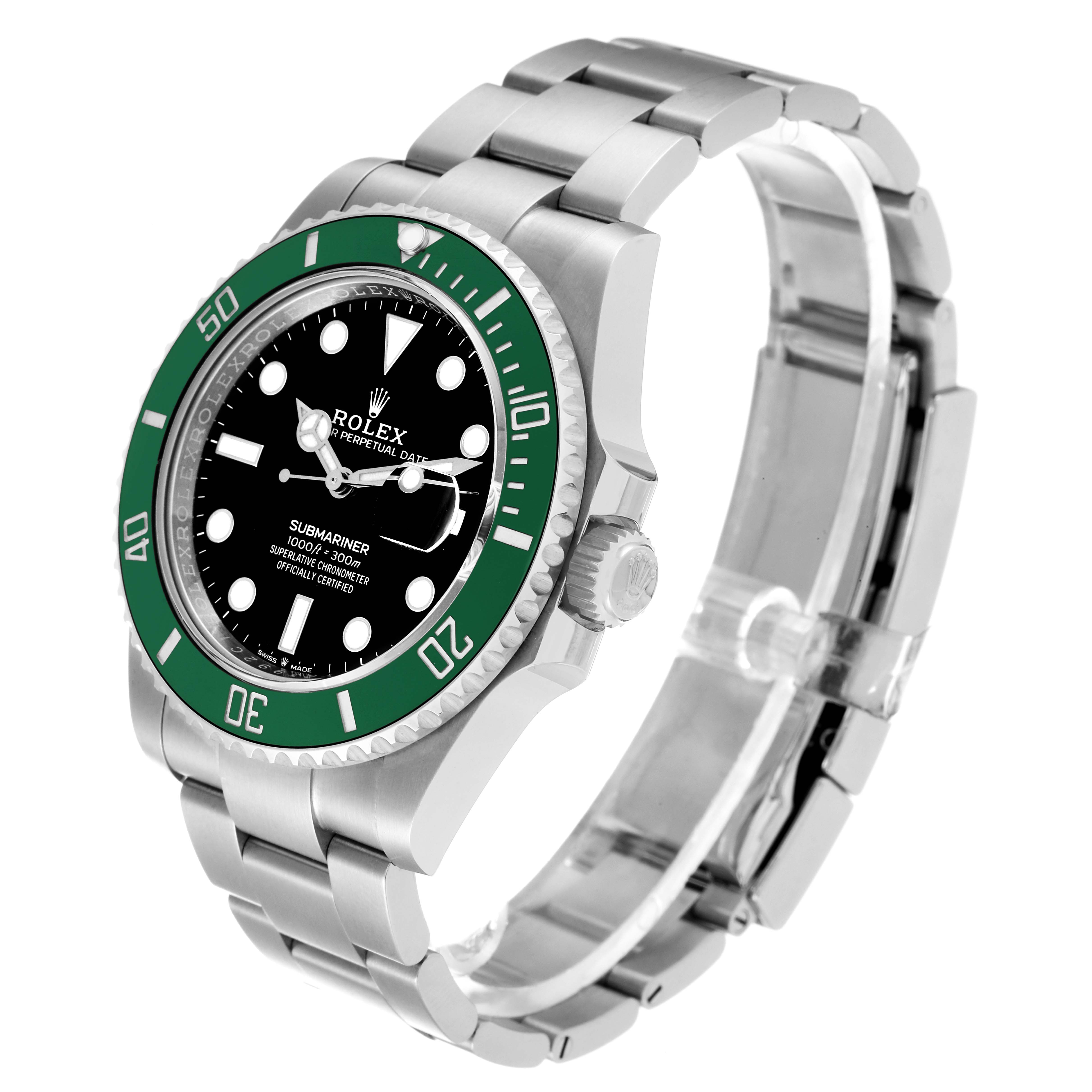 The image showcases a side angle of the Rolex Submariner 126610LV Men's Stainless Steel Black Dial 126610LV Men's Stainless Steel Black Dial model, displaying its bezel, crown, dial, and bracelet.