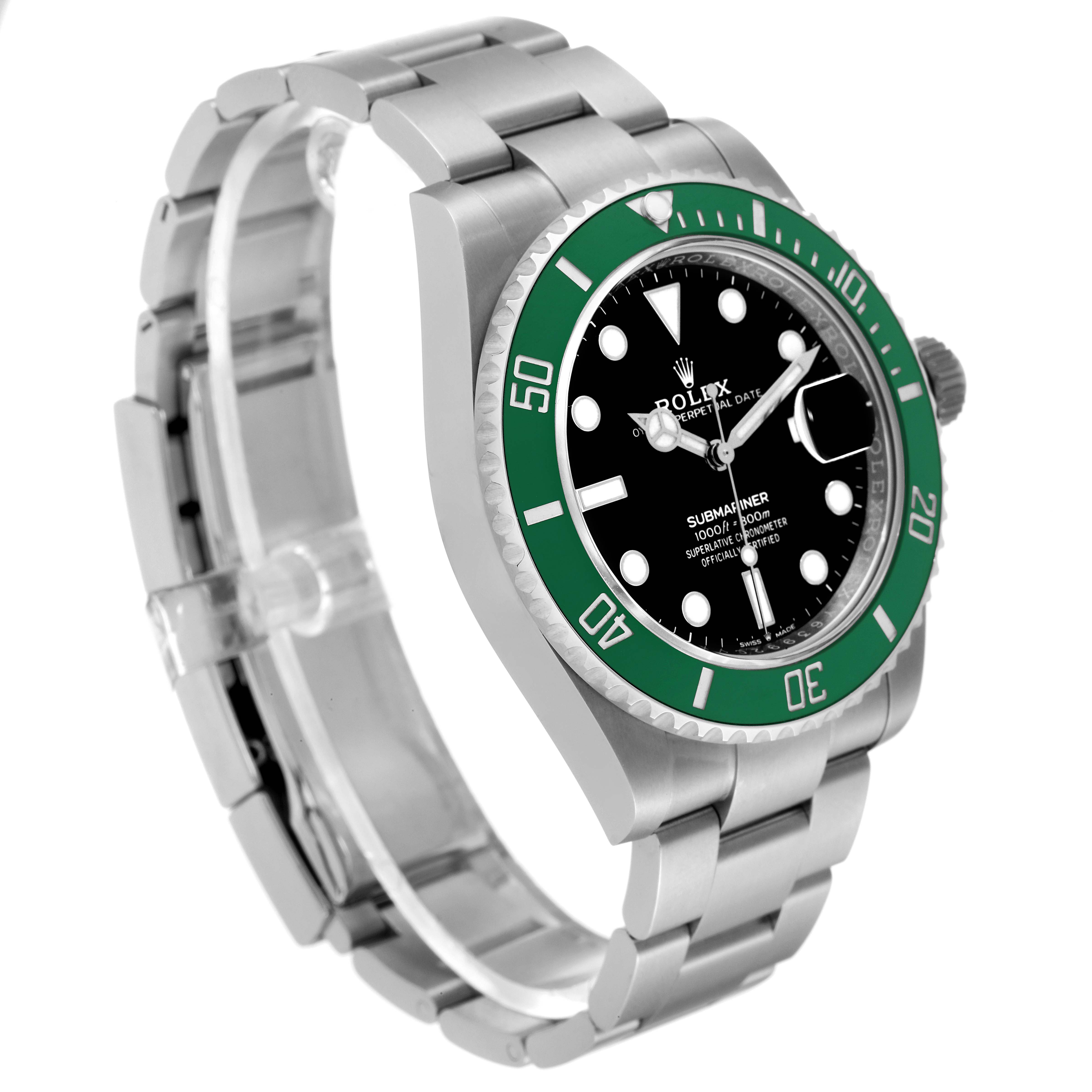 The image shows a Rolex Submariner 126610LV Men's Stainless Steel Black Dial 126610LV Men's Stainless Steel Black Dial watch angled to display the face, bezel, and bracelet.