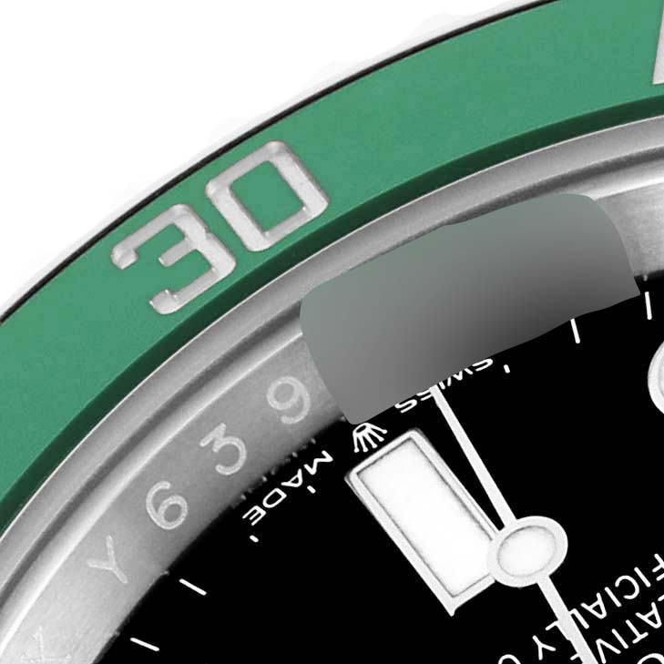 This image shows a close-up of the dial and green bezel of a Rolex Submariner 126610LV Men's Stainless Steel Black Dial 126610LV Men's Stainless Steel Black Dial watch, focusing on the "30" minute mark and part of the watch face.