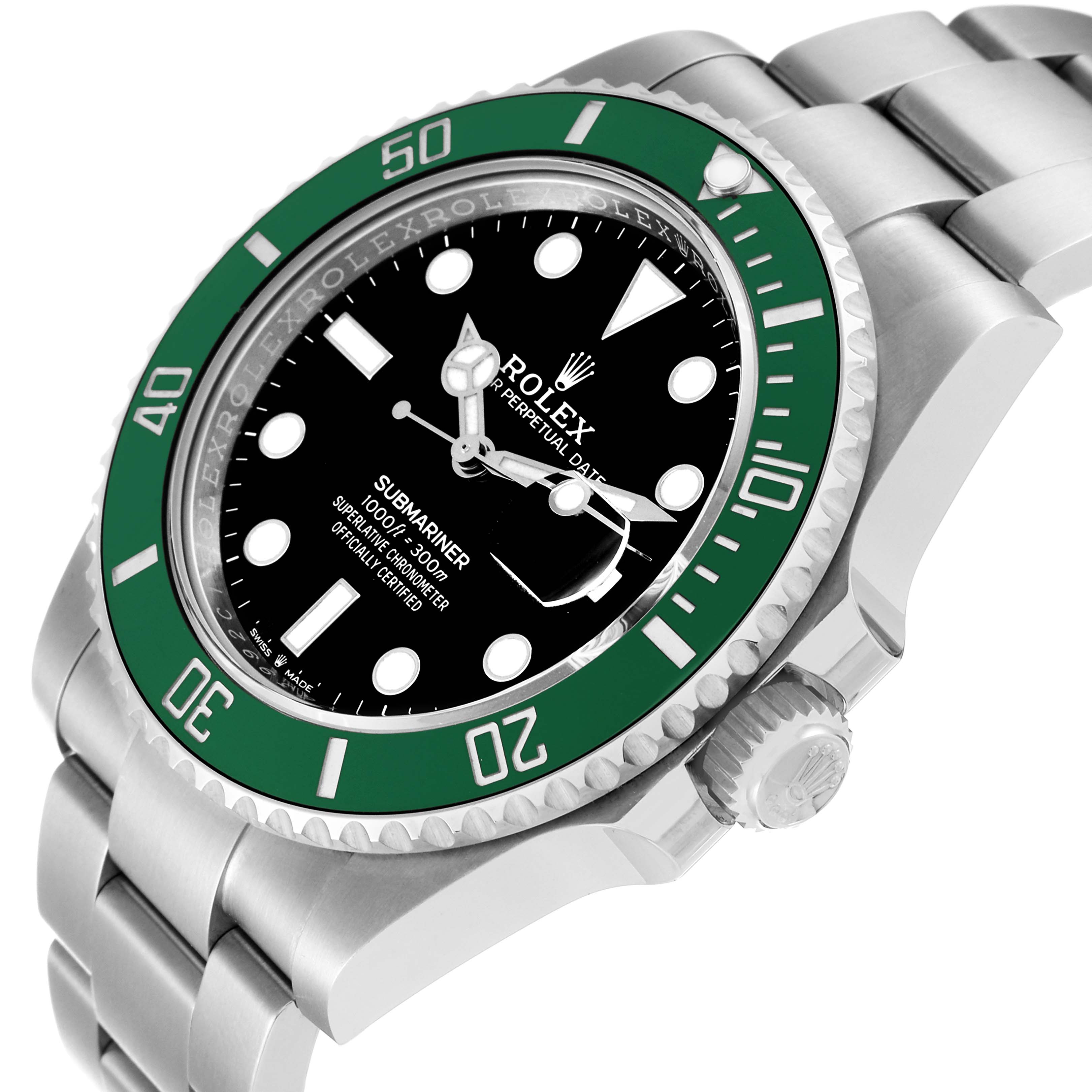 The image shows a Rolex Submariner 126610LV Men's Stainless Steel Black Dial 126610LV Men's Stainless Steel Black Dial watch from a three-quarter angle, highlighting its green bezel, black dial, and stainless steel bracelet.