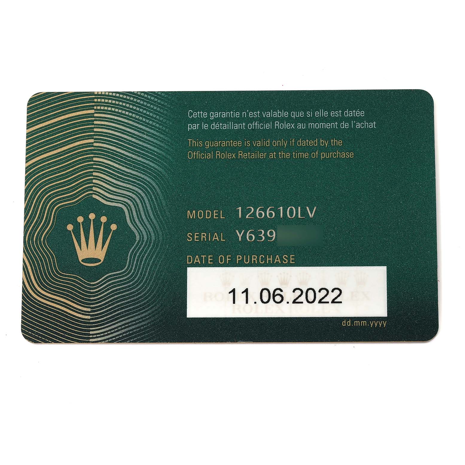 This image shows a front view of the green warranty card for a Rolex Submariner 126610LV Men's Stainless Steel Black Dial 126610LV Men's Stainless Steel Black Dial model 126610LV.
