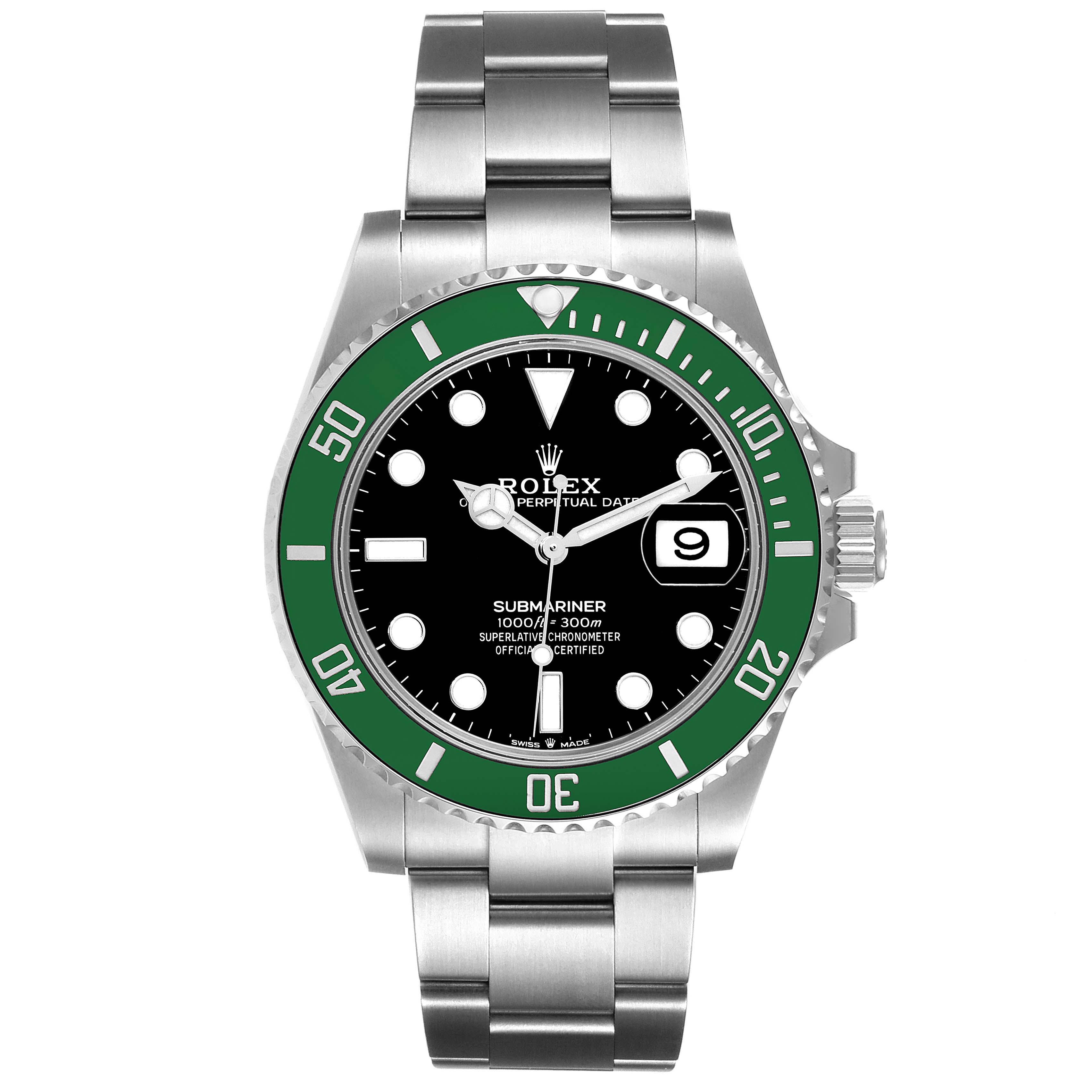 This image shows a Rolex Submariner 126610LV Men's Stainless Steel Black Dial 126610LV Men's Stainless Steel Black Dial watch straight-on, displaying its face, bezel, crown, and bracelet.