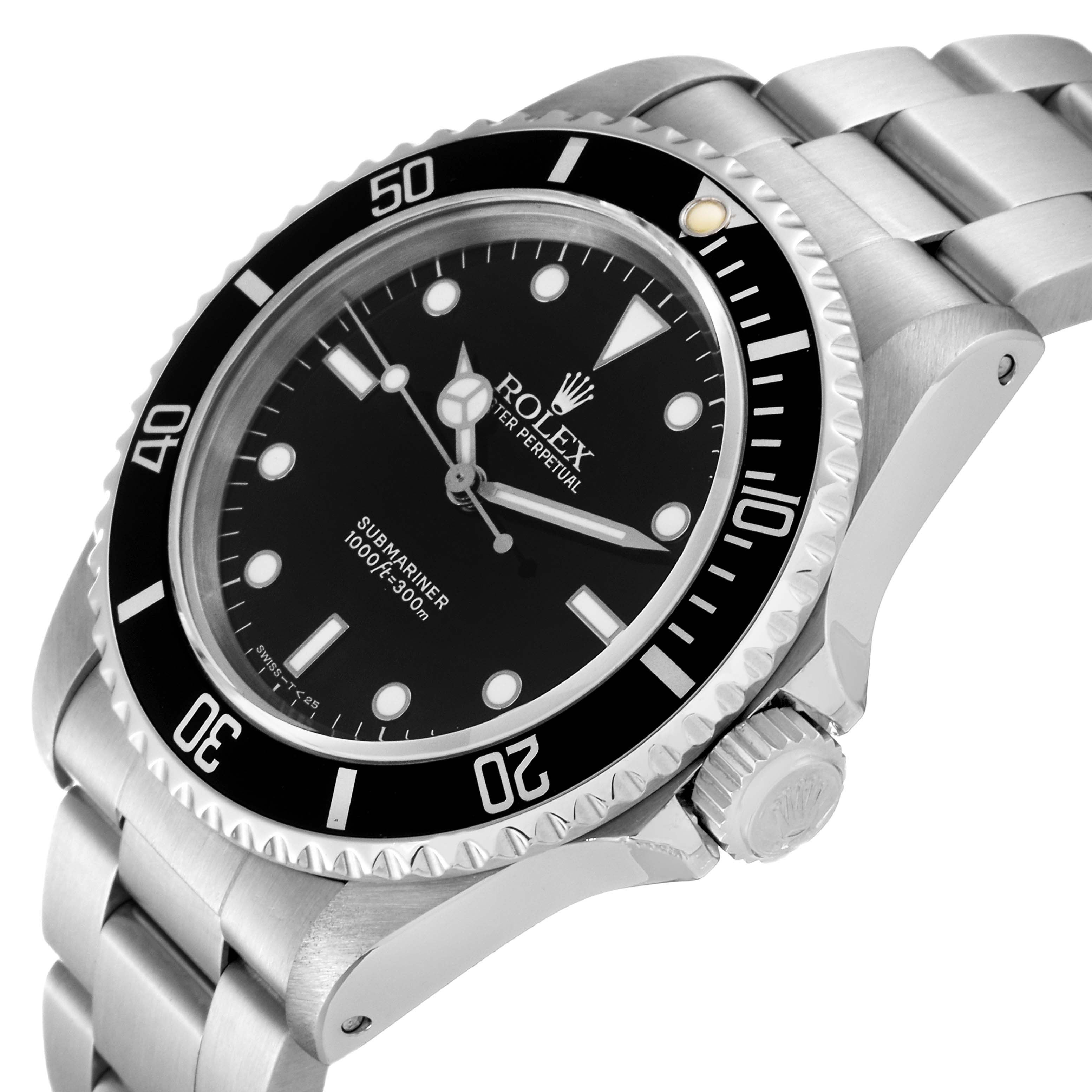 The image shows a Rolex Submariner 14060 Men
s Stainless Steel Black Dial 14060 Men
s Stainless Steel Black Dial watch from an angled side view, highlighting its black dial, bezel, and stainless steel bracelet.