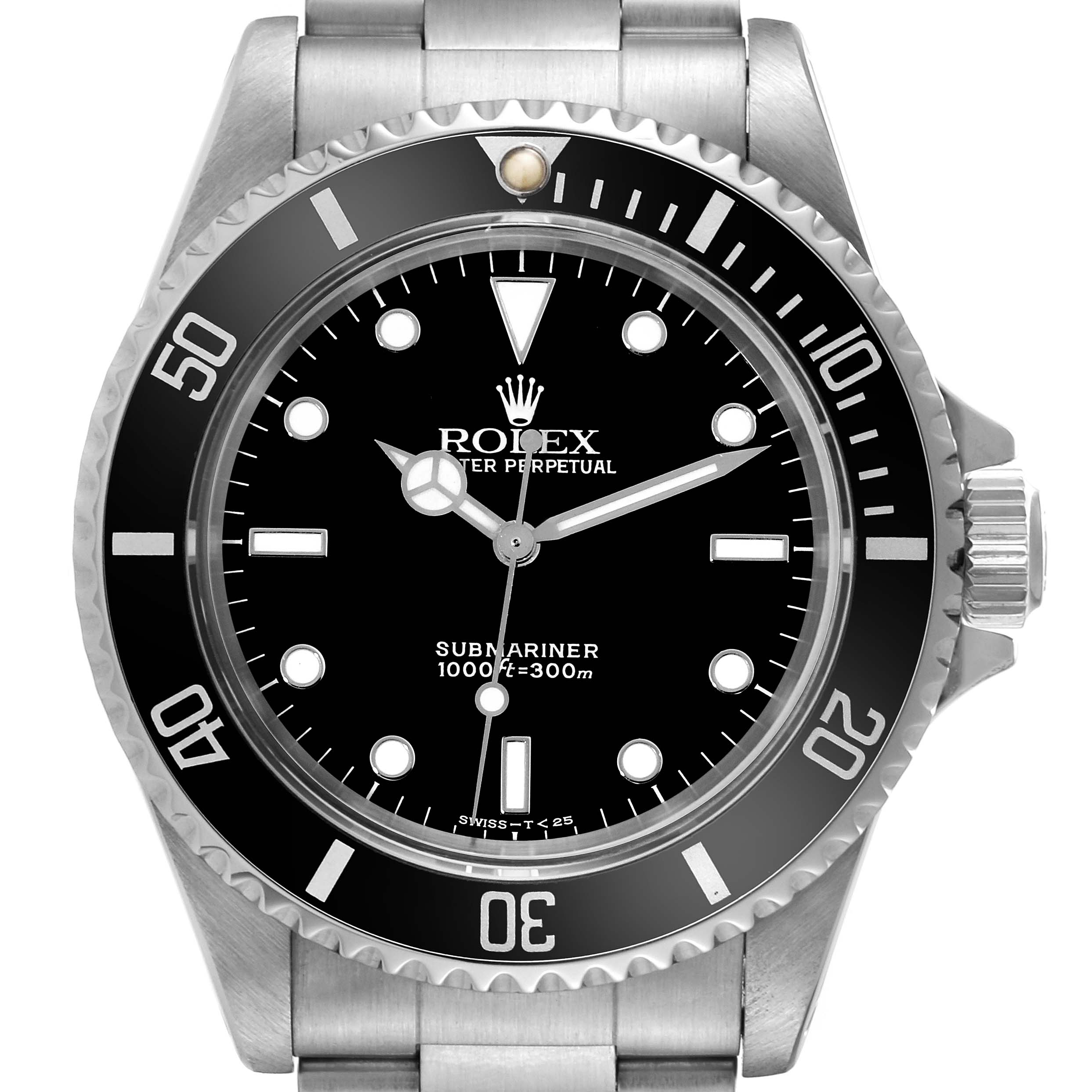 The image shows a front view of a Rolex Submariner 14060 Men
s Stainless Steel Black Dial 14060 Men
s Stainless Steel Black Dial watch, highlighting its bezel, dial, hour markers, and hands.
