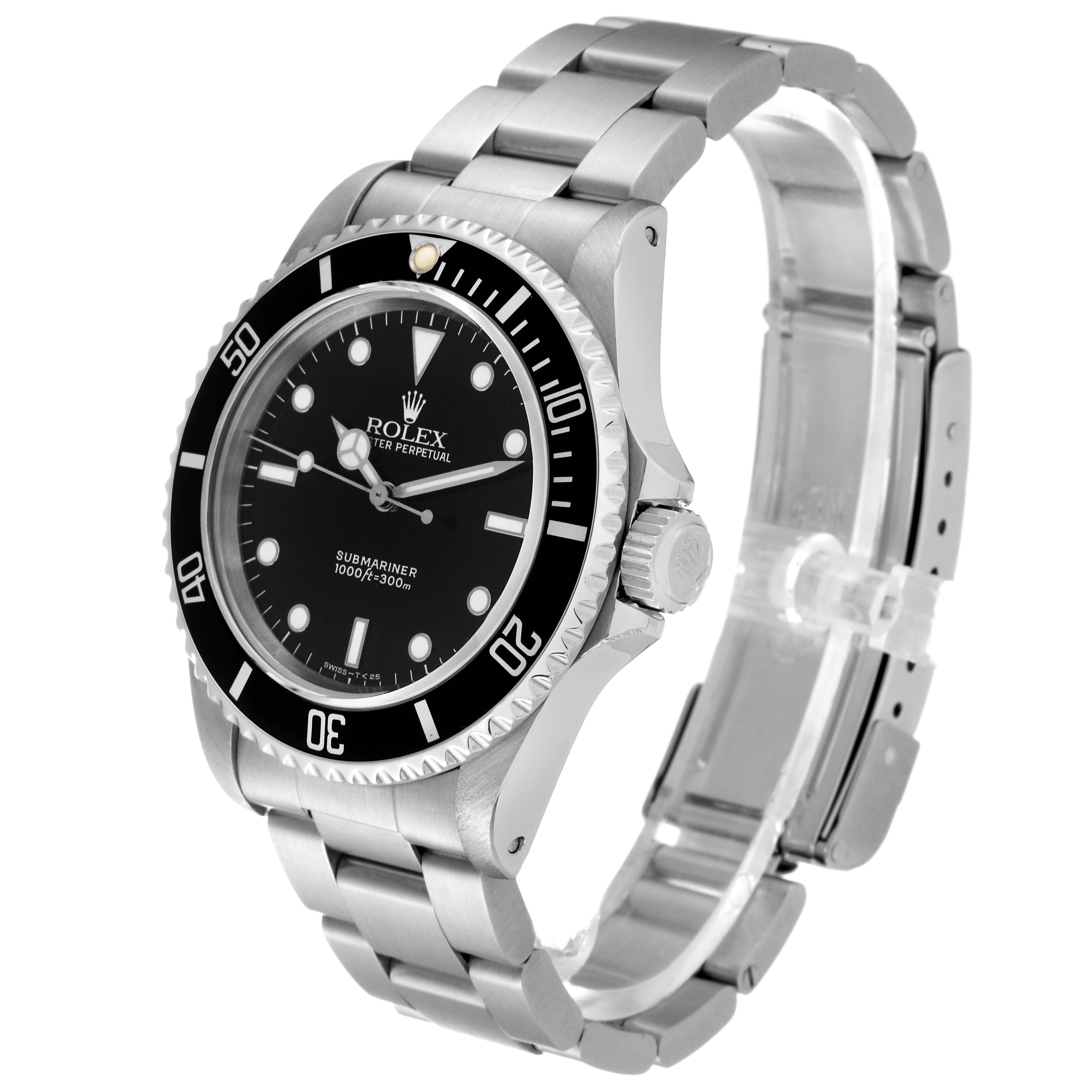 The image shows a Rolex Submariner 14060 Men
s Stainless Steel Black Dial 14060 Men
s Stainless Steel Black Dial watch from a three-quarter angle, highlighting its face, bezel, bracelet, and clasp.