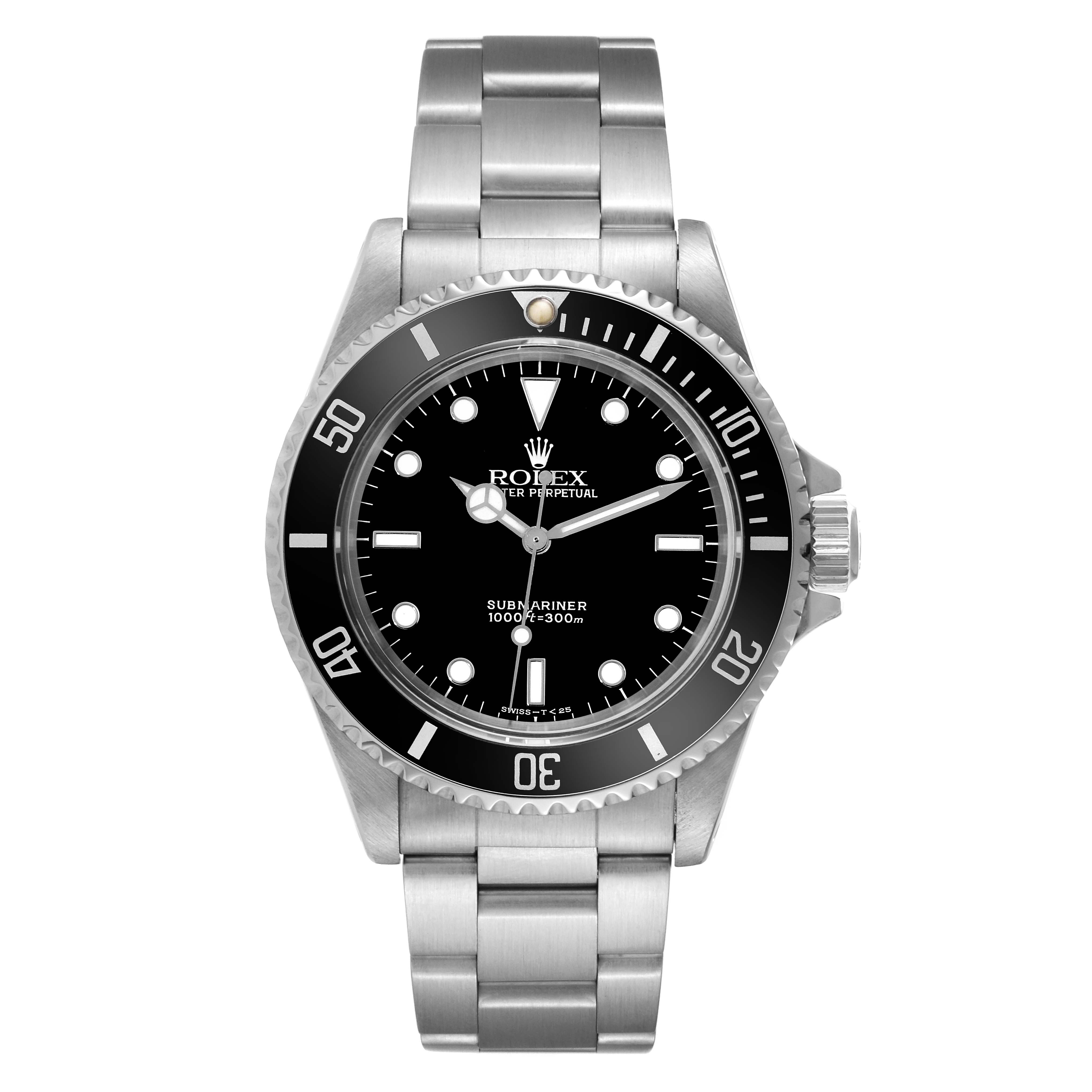 The image shows the front view of a Rolex Submariner 14060 Men
s Stainless Steel Black Dial 14060 Men
s Stainless Steel Black Dial watch, displaying the dial, bezel, hands, and bracelet.