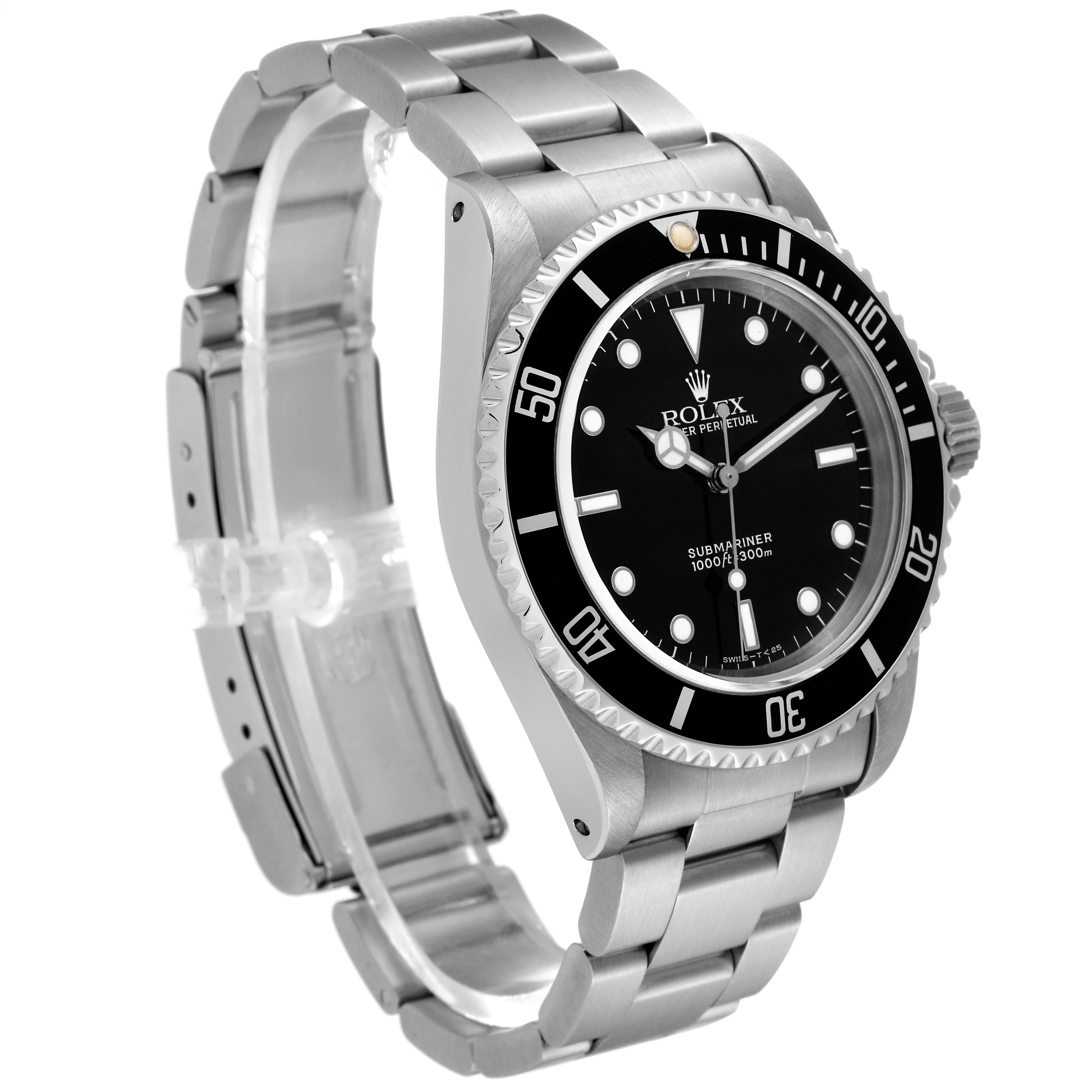 The Rolex Submariner 14060 Men
s Stainless Steel Black Dial 14060 Men
s Stainless Steel Black Dial watch is shown at a slightly angled side view, displaying its black dial, metal band, and rotating bezel.