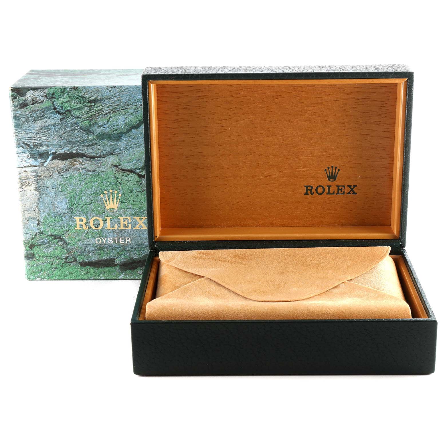 The image shows an open Rolex Submariner 14060 Men
s Stainless Steel Black Dial 14060 Men
s Stainless Steel Black Dial watch box with an inner beige cover, brand name, and logo visible on the inside lid.