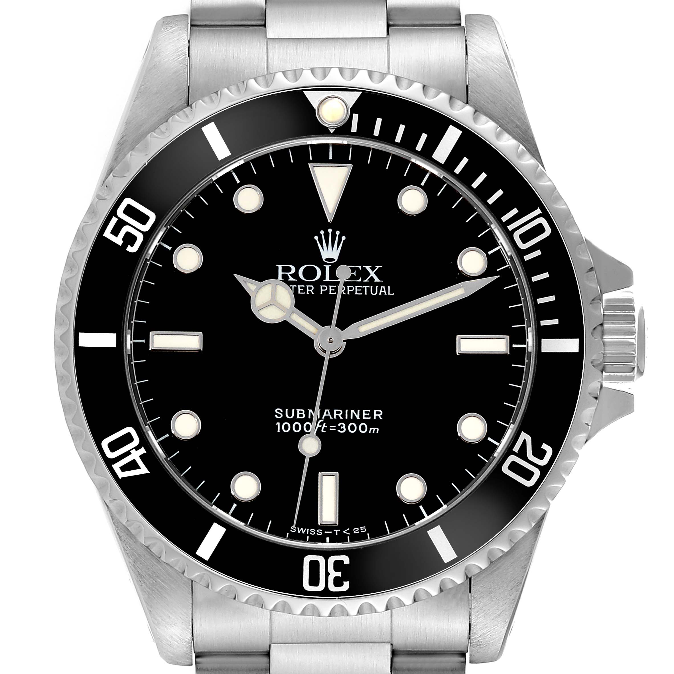 This top-down view shows the face, bezel, and bracelet of the Rolex Submariner 14060 Men
s Stainless Steel Black Dial 14060 Men
s Stainless Steel Black Dial watch.
