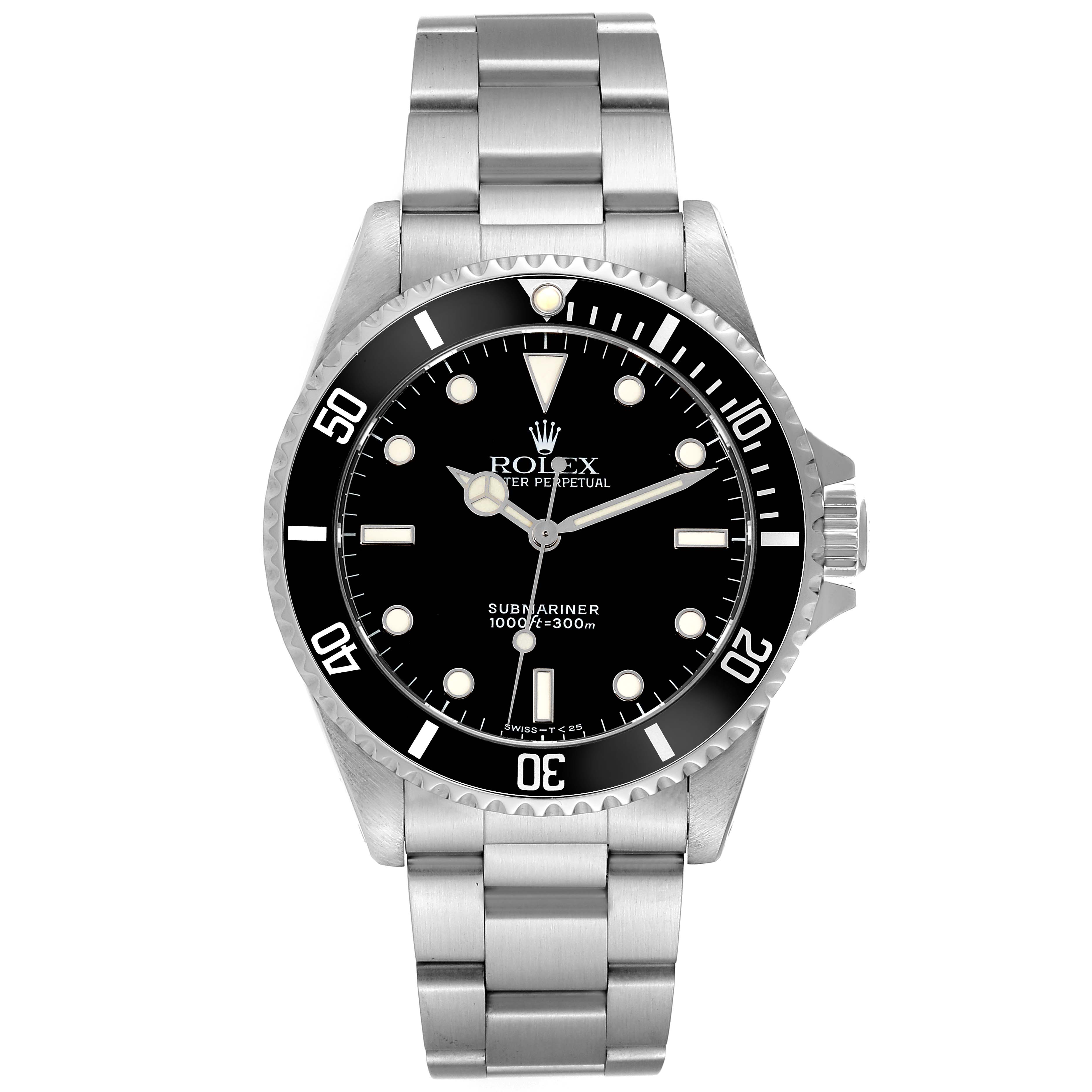 The image shows a frontal view of a Rolex Submariner 14060 Men
s Stainless Steel Black Dial 14060 Men
s Stainless Steel Black Dial watch, displaying the face, bezel, case, and bracelet.