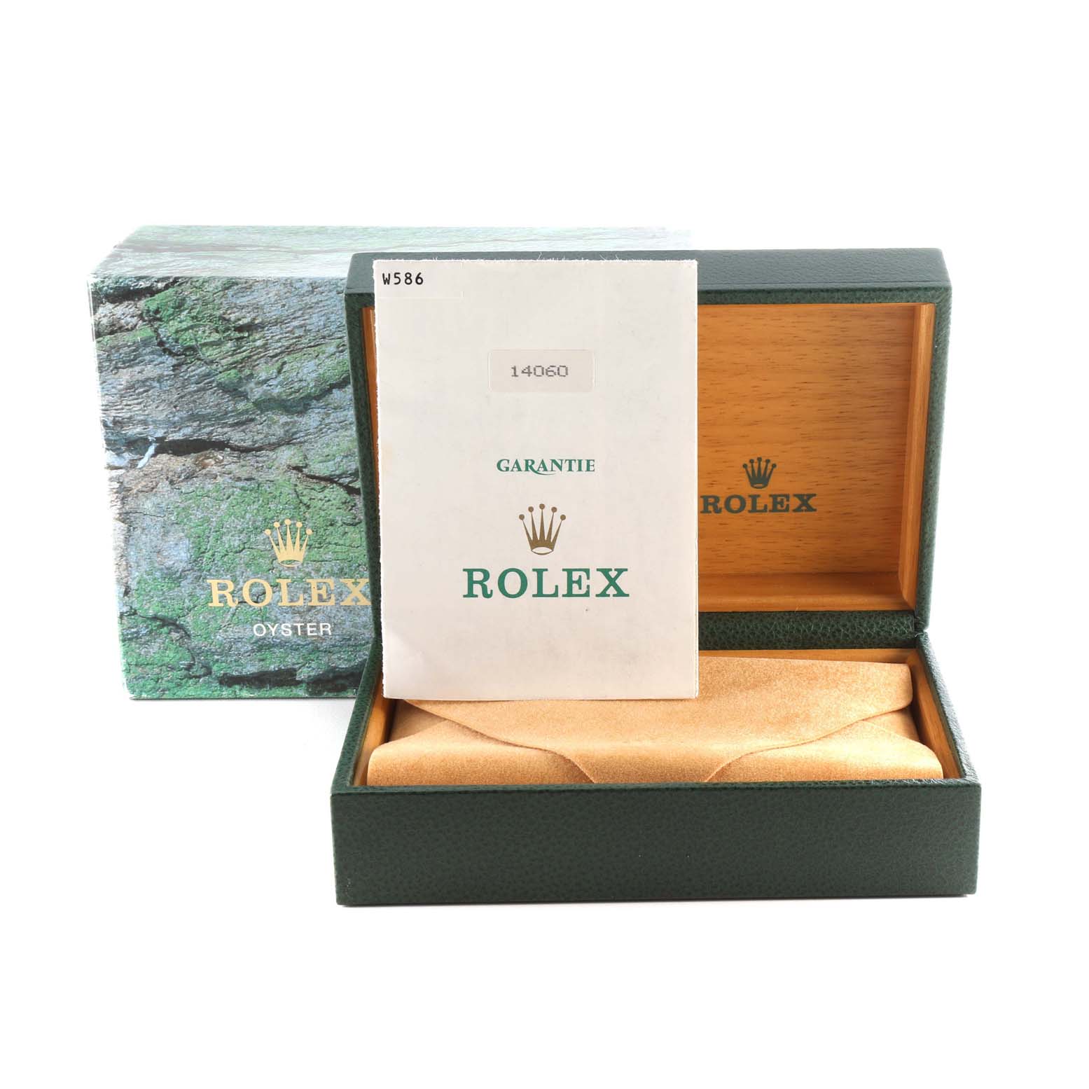 The image shows the packaging, box, and warranty card for a Rolex Submariner 14060 Men
s Stainless Steel Black Dial 14060 Men
s Stainless Steel Black Dial watch.