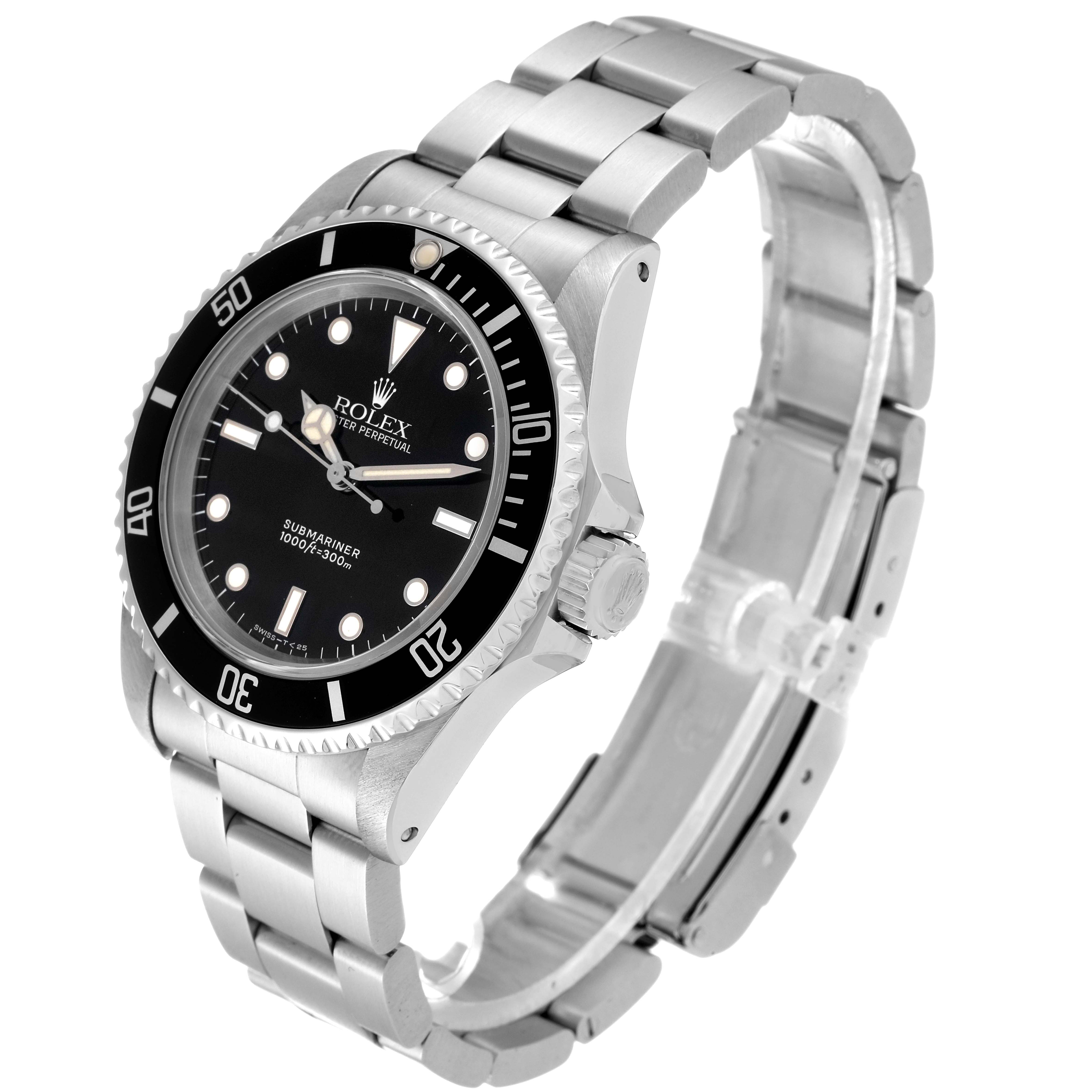 The Rolex Submariner 14060 Men
s Stainless Steel Black Dial 14060 Men
s Stainless Steel Black Dial watch is shown at a three-quarter angle, highlighting the dial, bezel, crown, and bracelet.